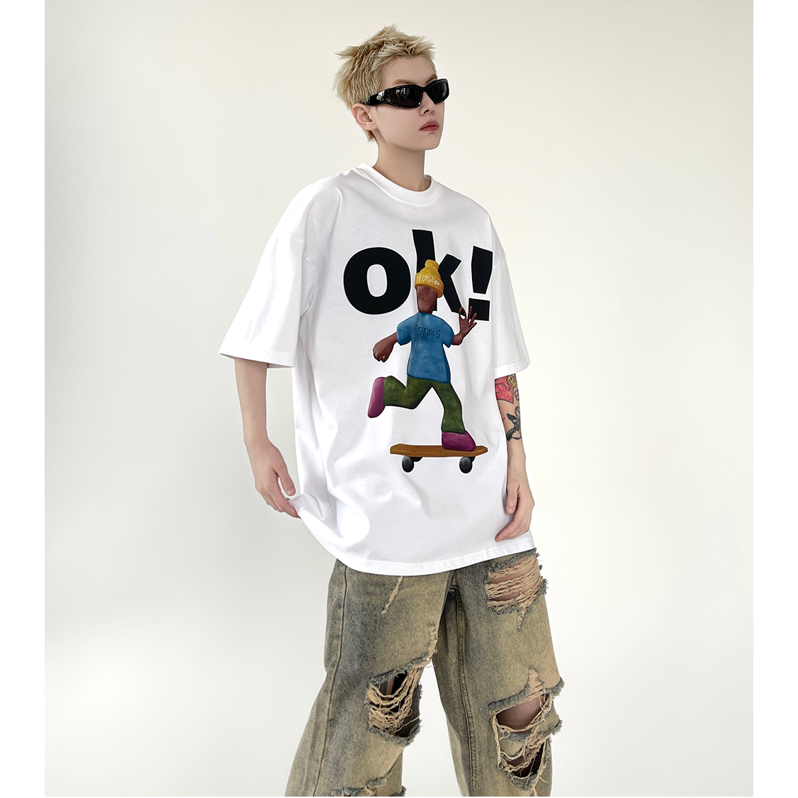 Skateboard Cartoon Print Loose T-Shirt EAT017