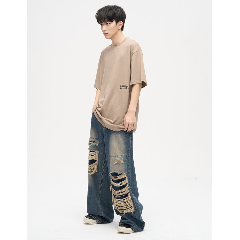 Street Patch Hole Design Loose Straight Jeans MB7003