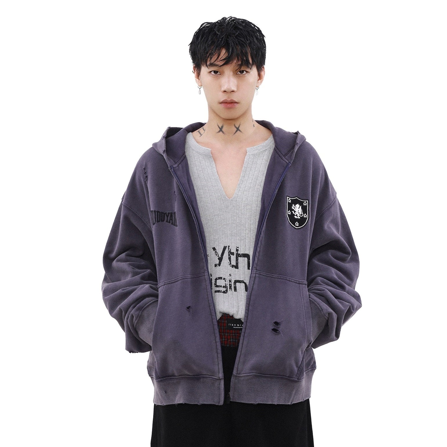 Street Distressed Sweat Zip-Up Hooded Parka MB7189