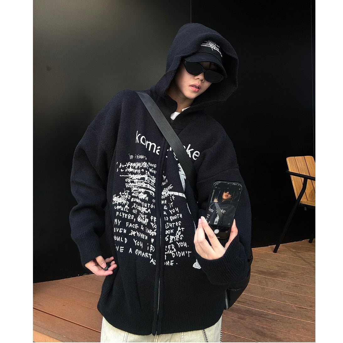 Letter Print Zip Hooded Knitted Sweater MB7130