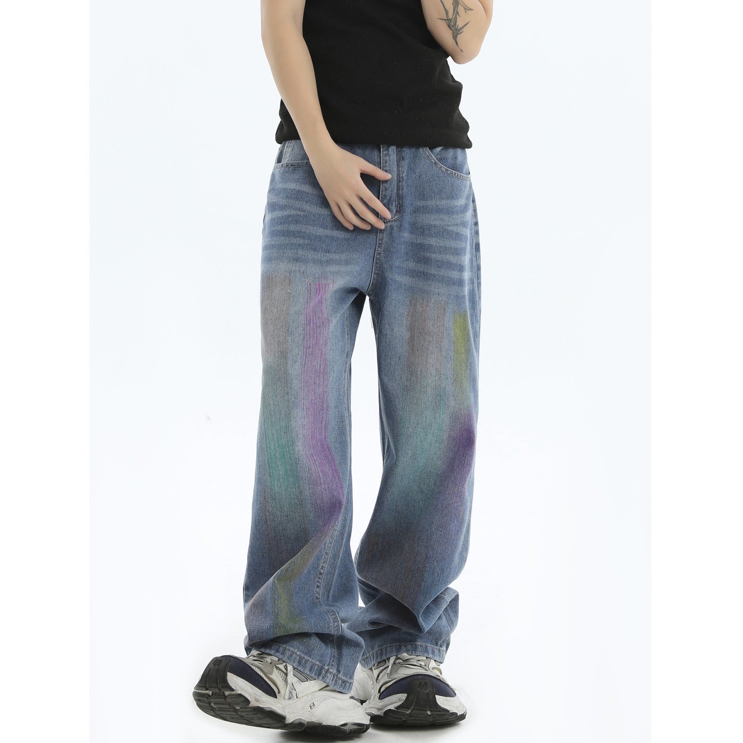 Painted Graffiti Washed Loose Straight Jeans IN7043