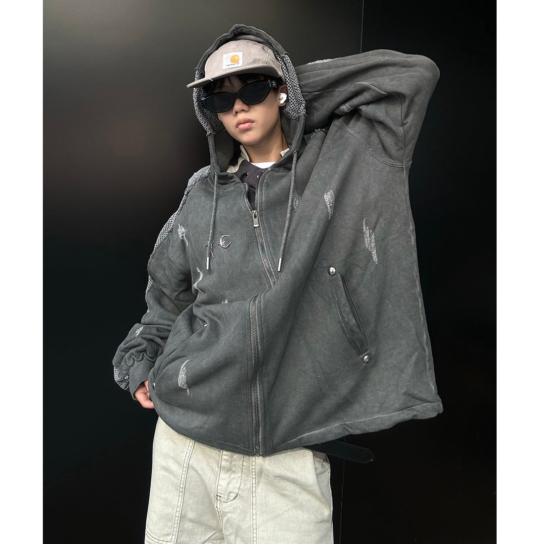 Hollow Spelling Mesh Heavy Zip Hooded Sweat MB7135