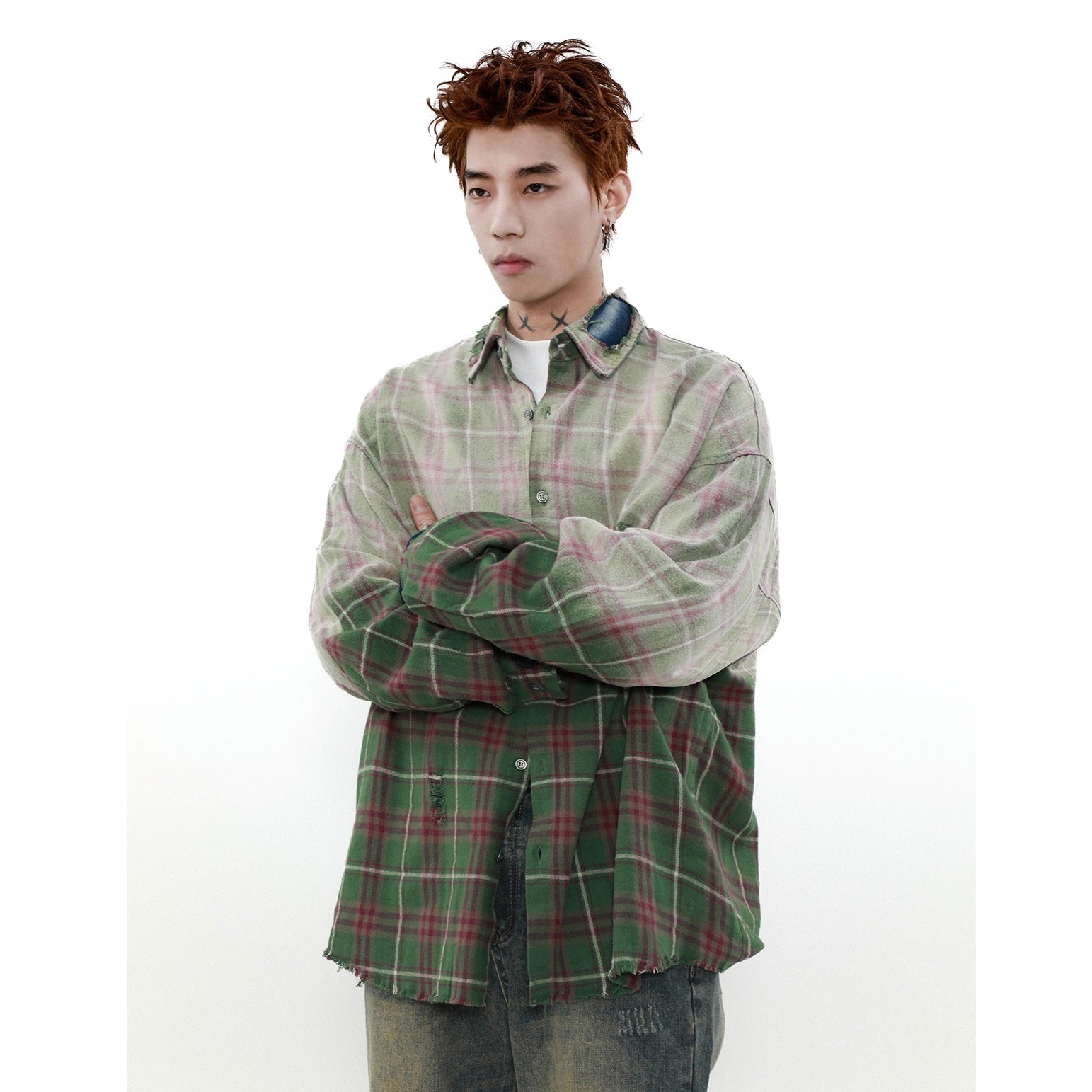 Gradient Plaid Long Sleeve Shirt Jacket MR013