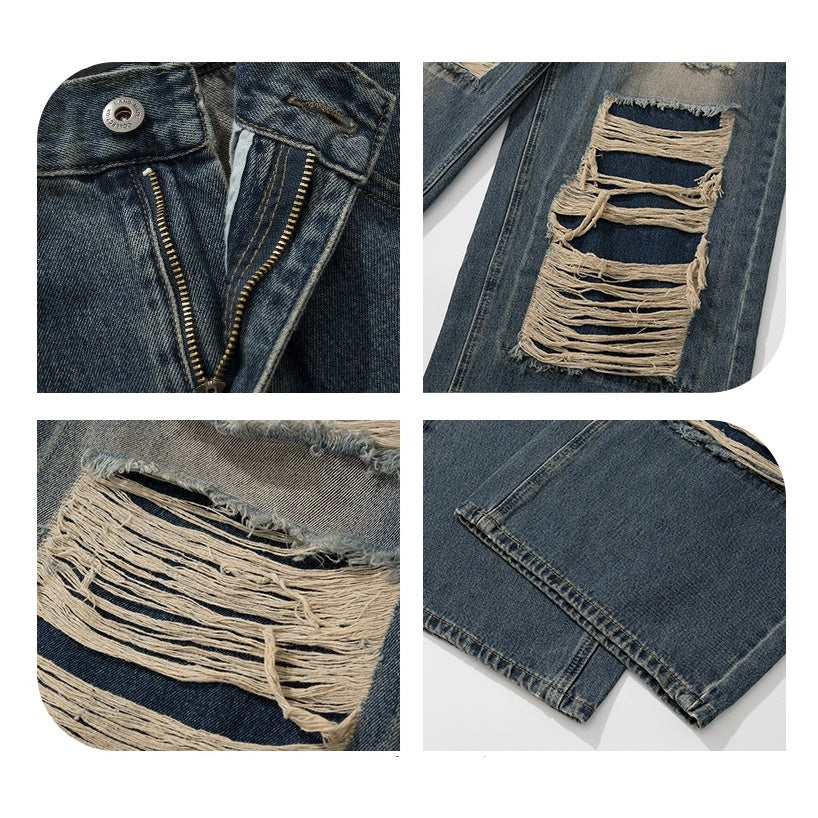 Street Patch Hole Design Loose Straight Jeans MB7003