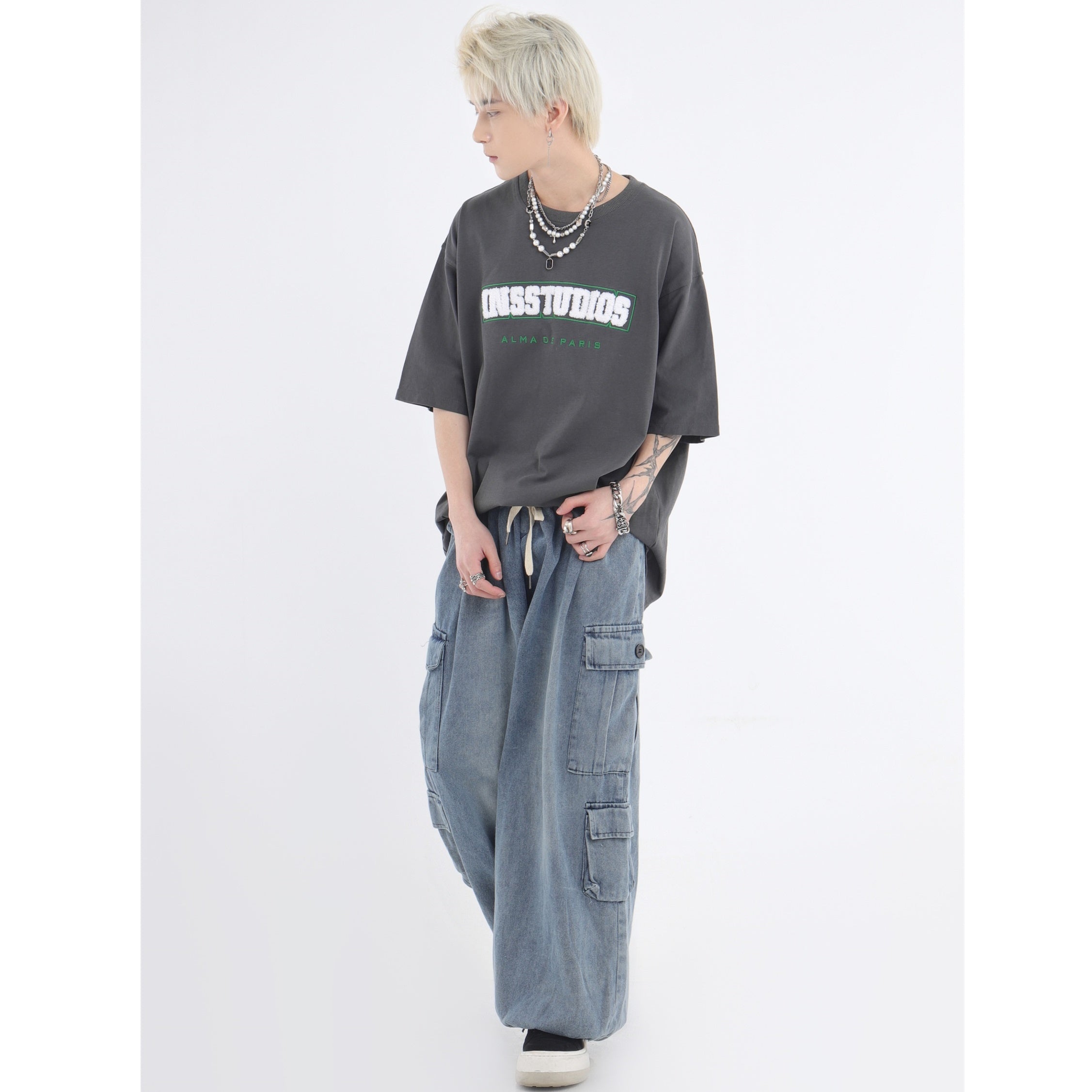 Drawstring Washed Loose Casual Cargo Jeans IN7032