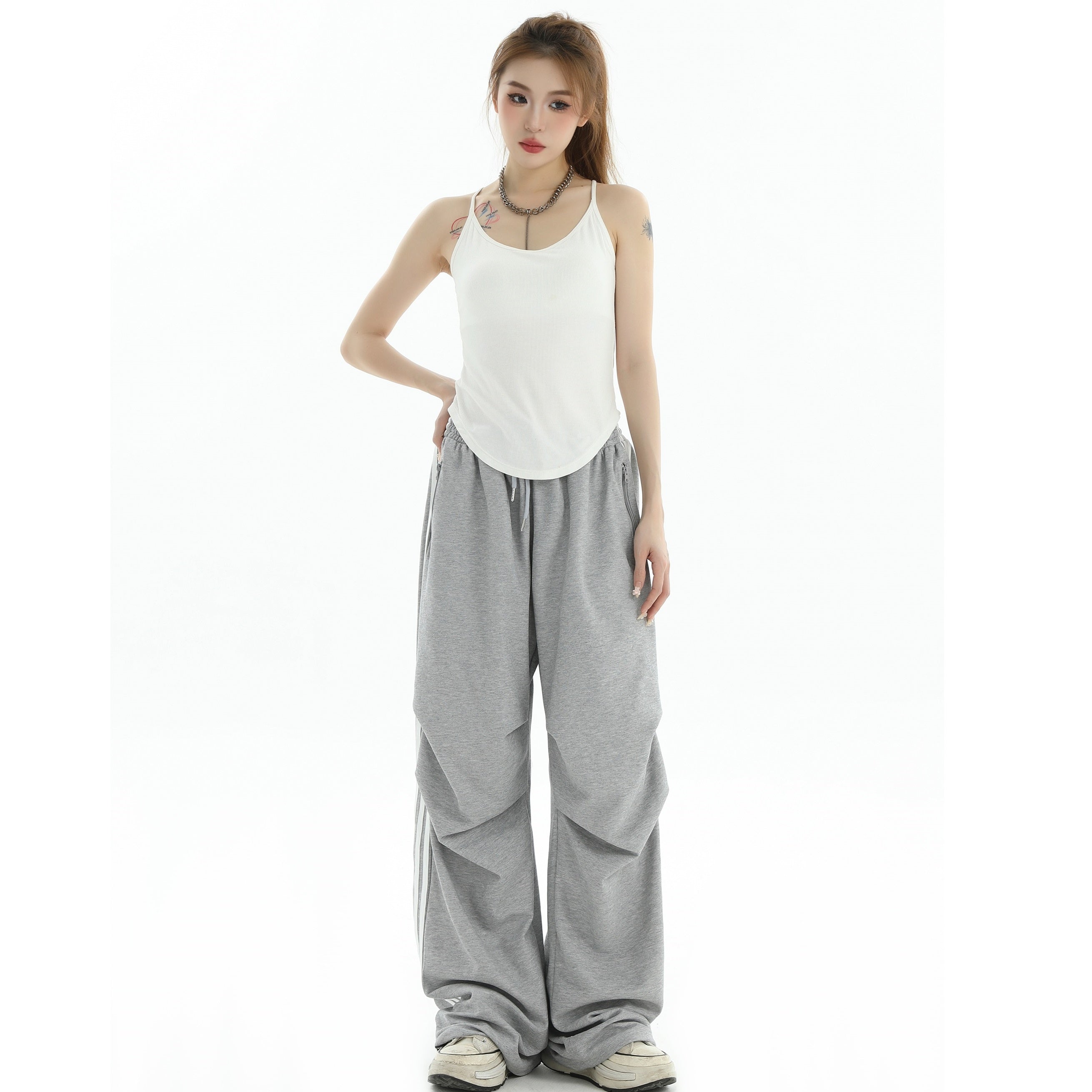 Pleated Three-Bar Loose Track Pants IN7002