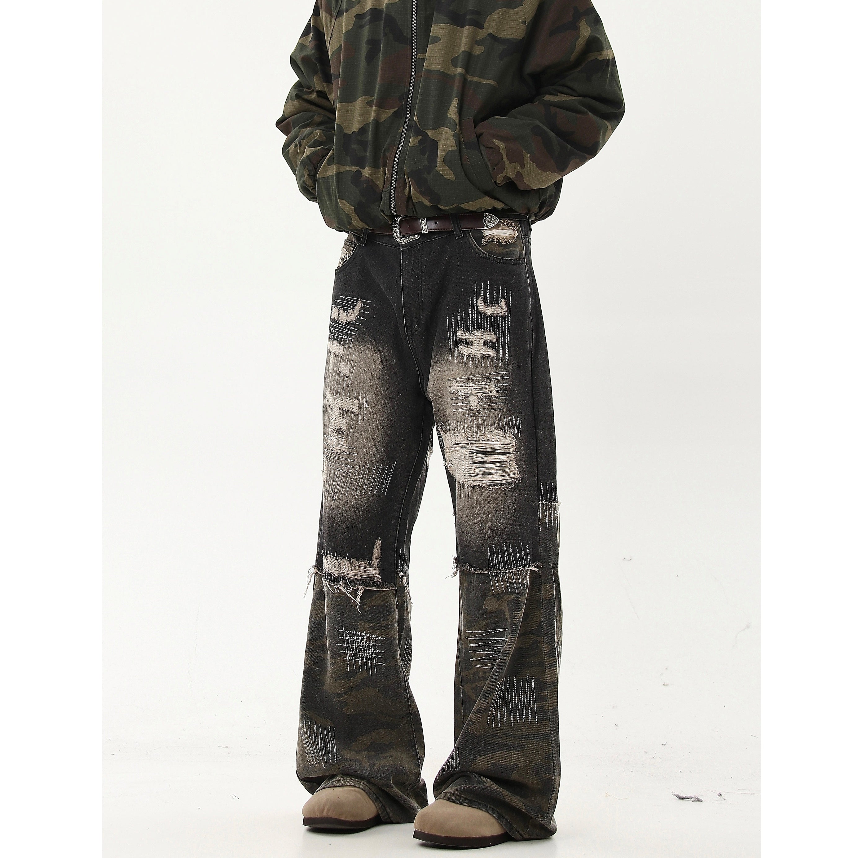 Camouflage Panelled Ripped Jeans MB7216