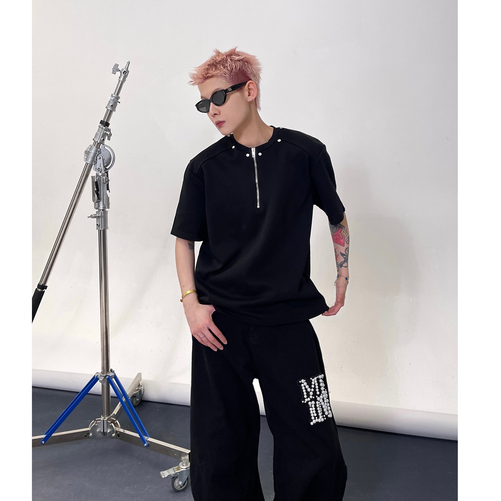 Half Zipper Rivet Design T-Shirt EAT140