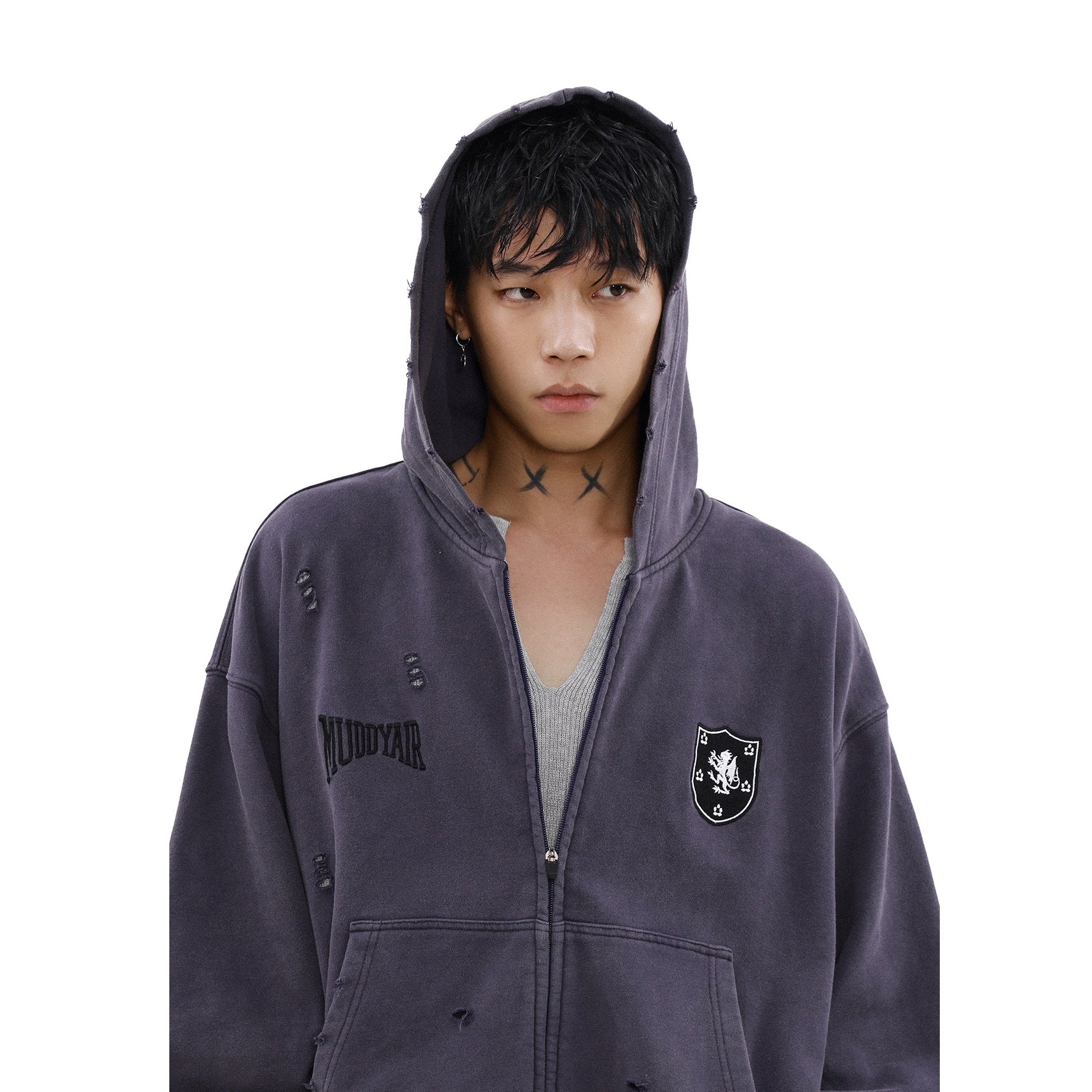 Street Distressed Sweat Zip-Up Hooded Parka MB7189