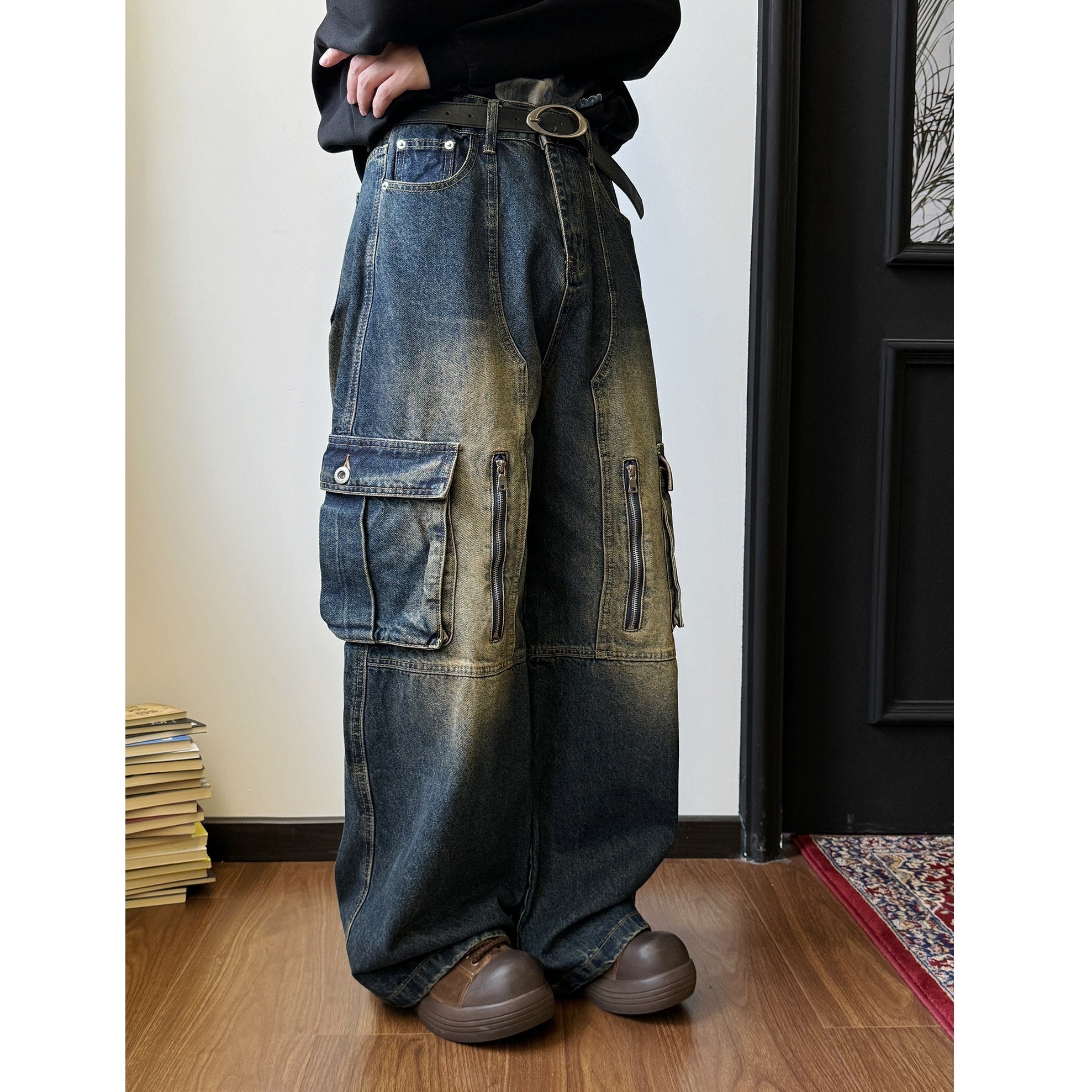 Heavyweight Washed Distressed Cargo Jeans MB7032