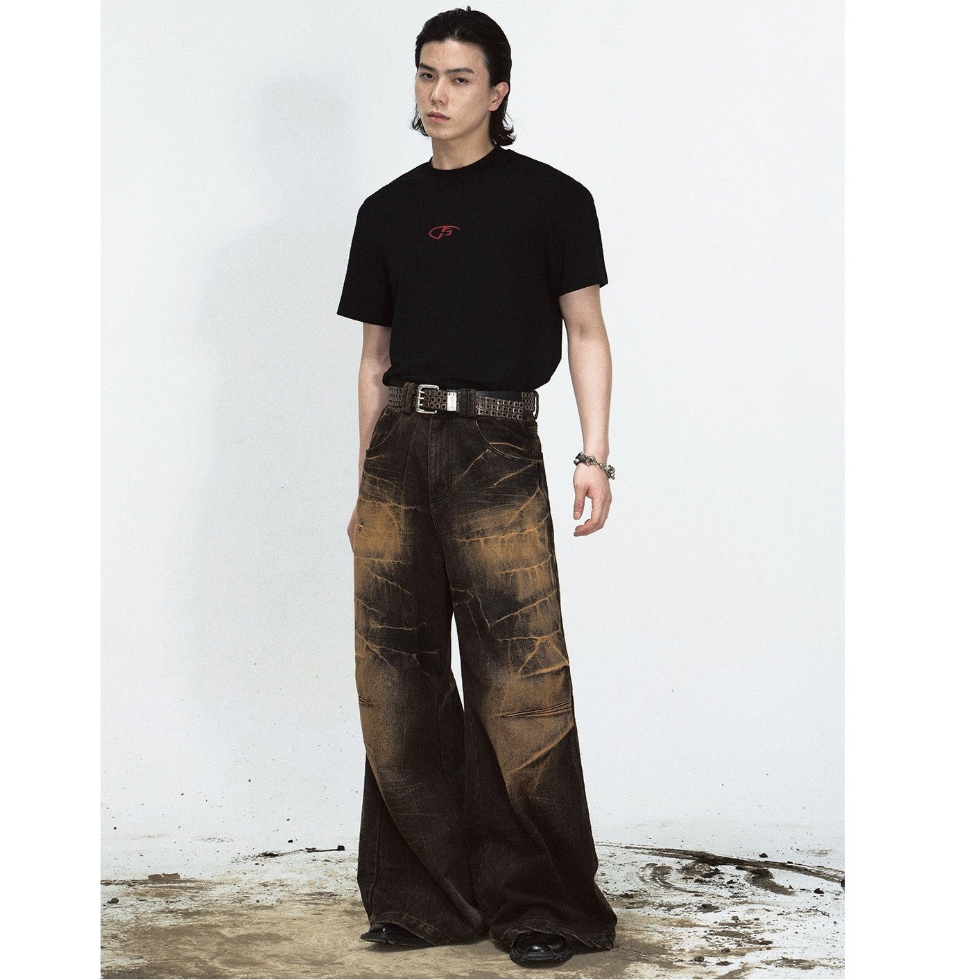 Yellow Mud Dyed Lightning Crack Wide-leg Jeans MB7026