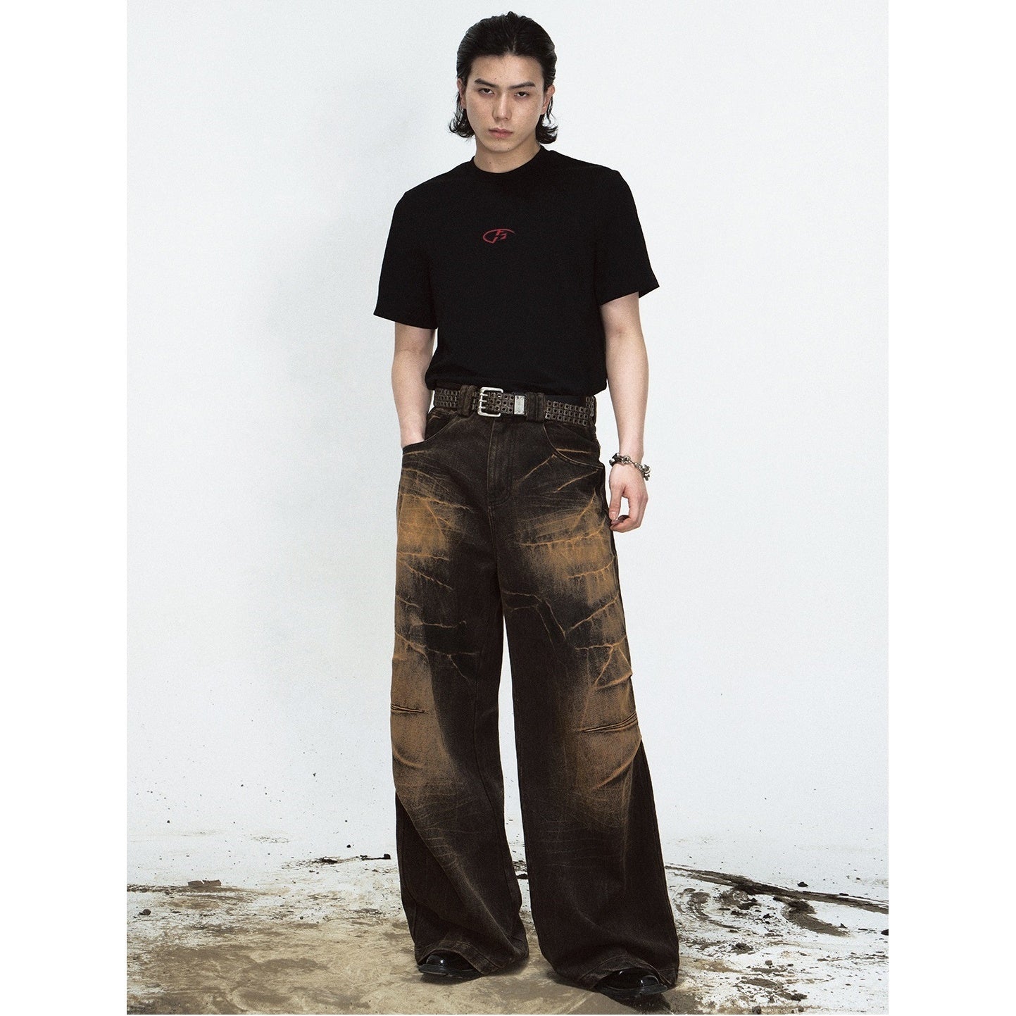 Yellow Mud Dyed Lightning Crack Wide-leg Jeans MB7026