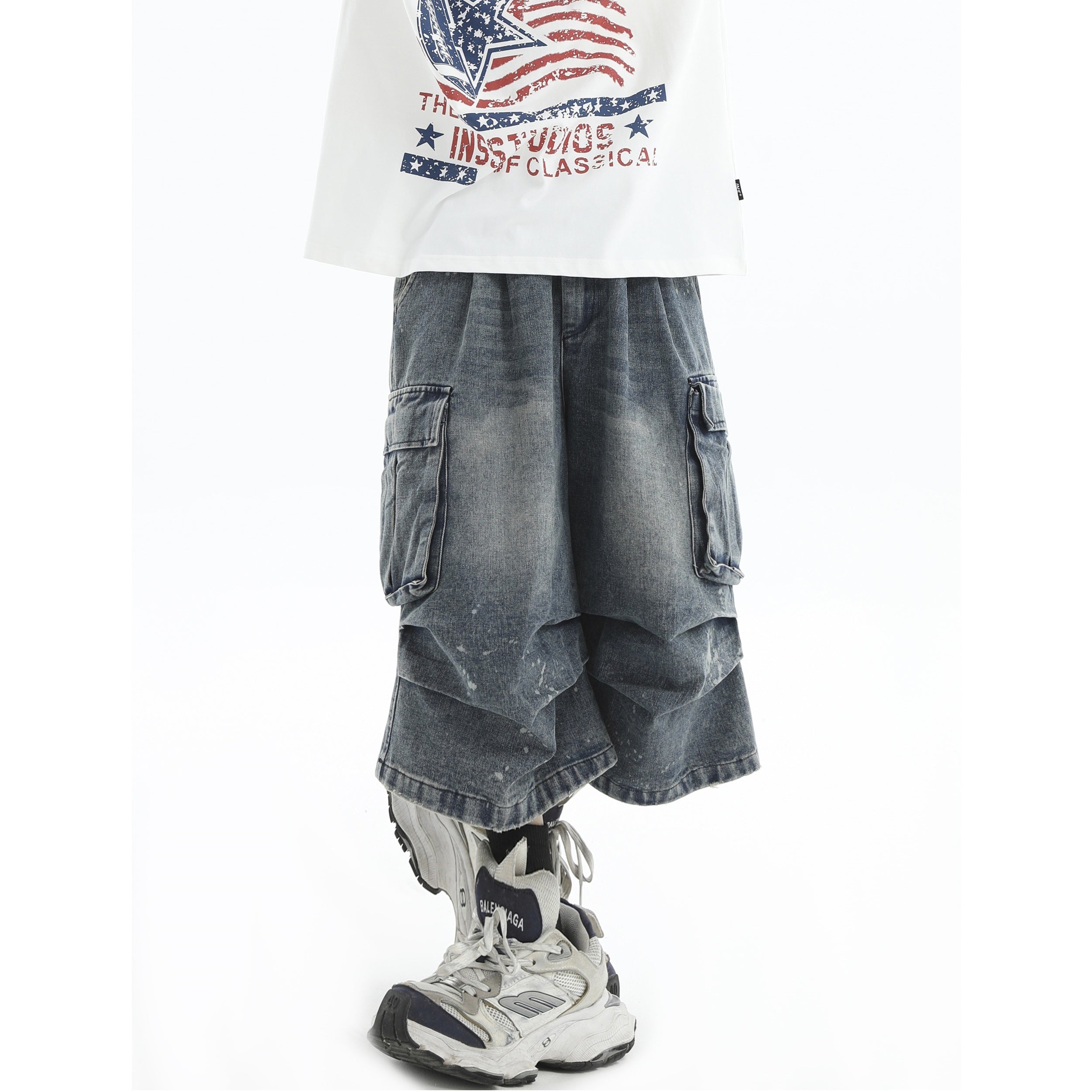 Paint-Splashed Pleated Denim Cropped Cargo Pants IN7022