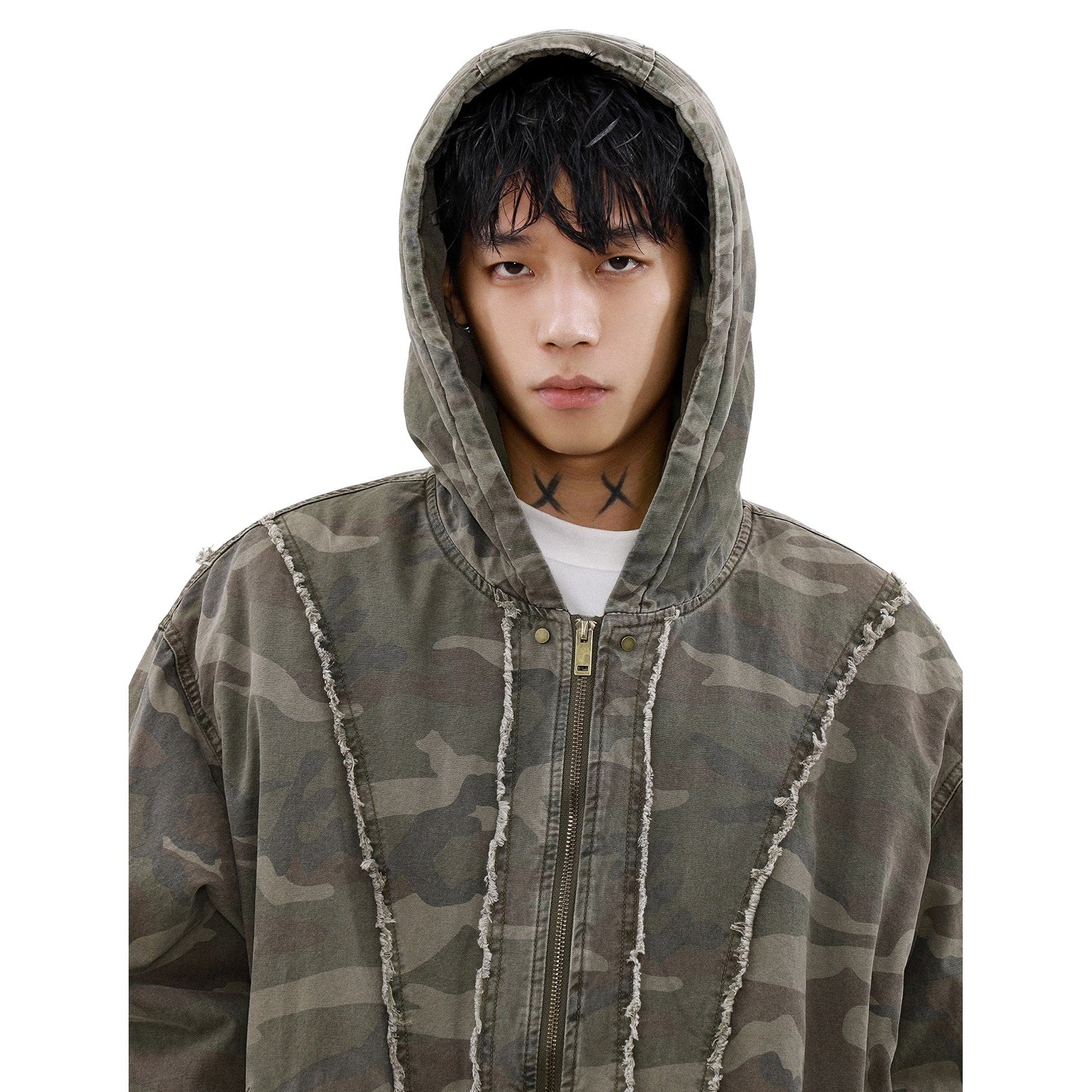 Washed Distressed Camouflage Flight Hooded Jacket MB7196