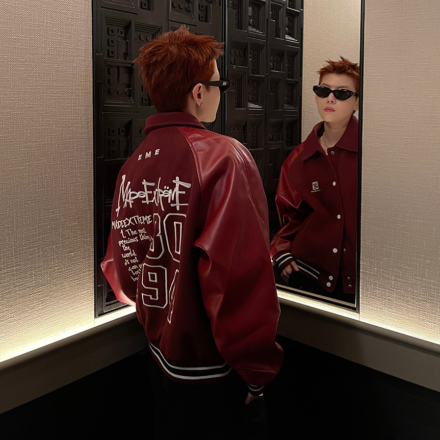 Embroidered Stitched PU Leather Sleeve Jacket MB7154