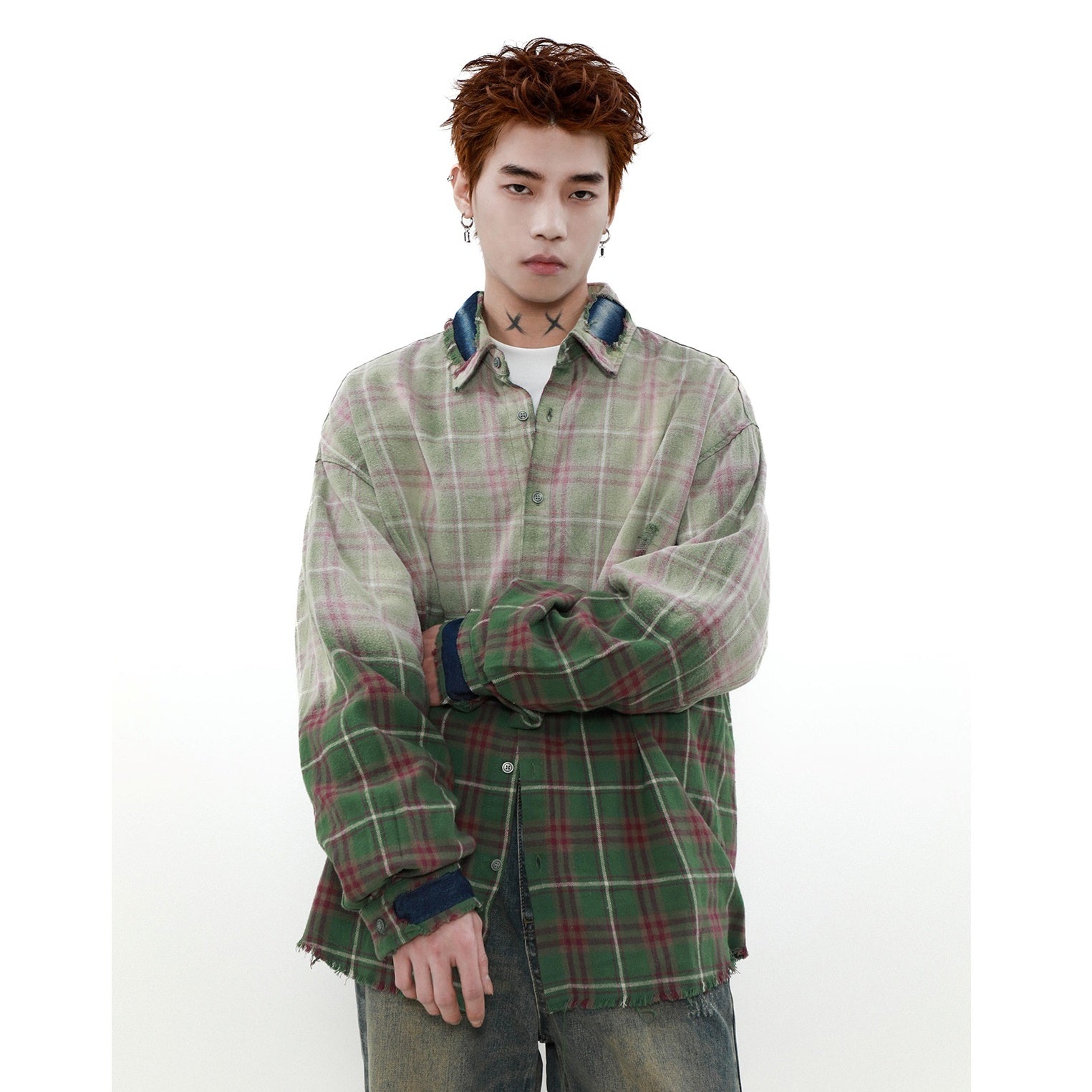 Gradient Plaid Long Sleeve Shirt Jacket MR013