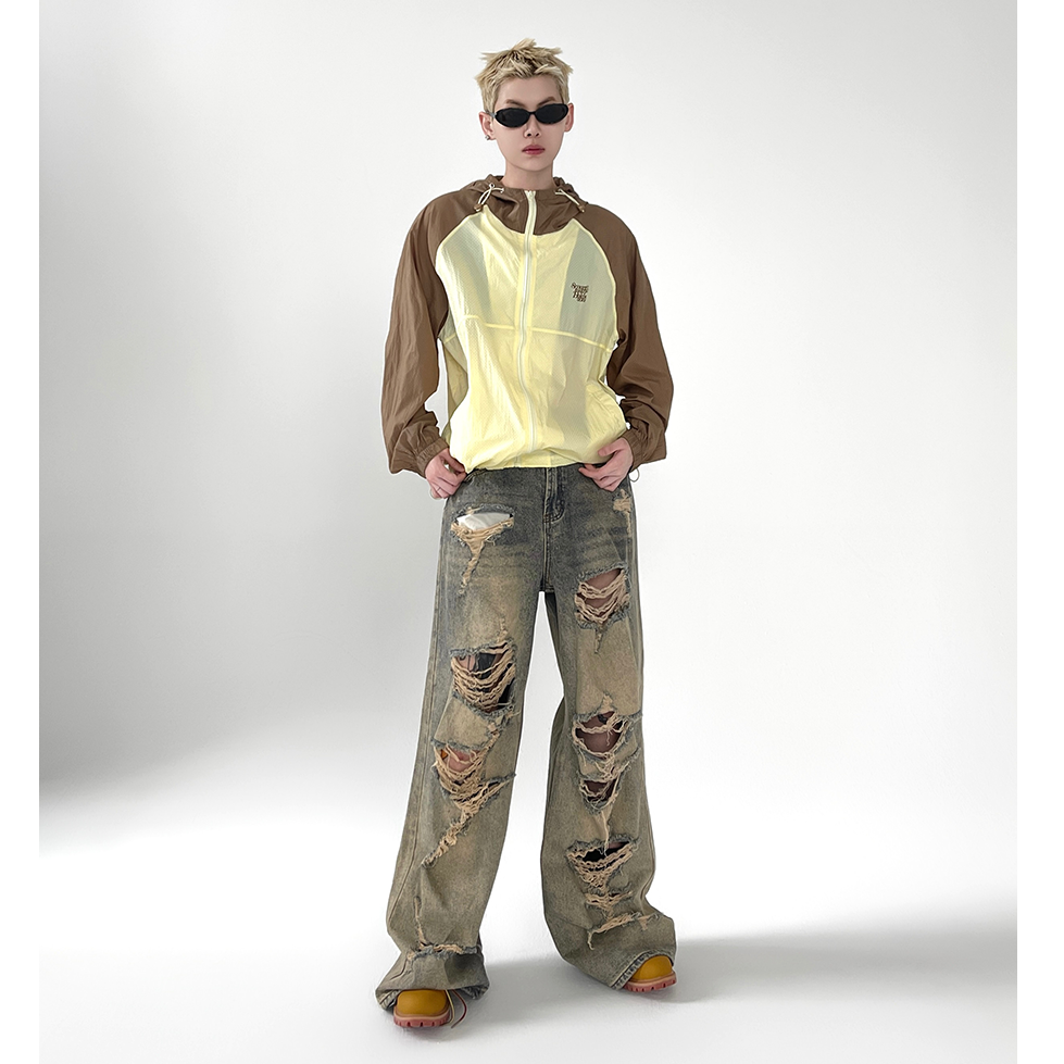 Wash Distressed Yellow Clay Ripped Loose Jeans EAT023