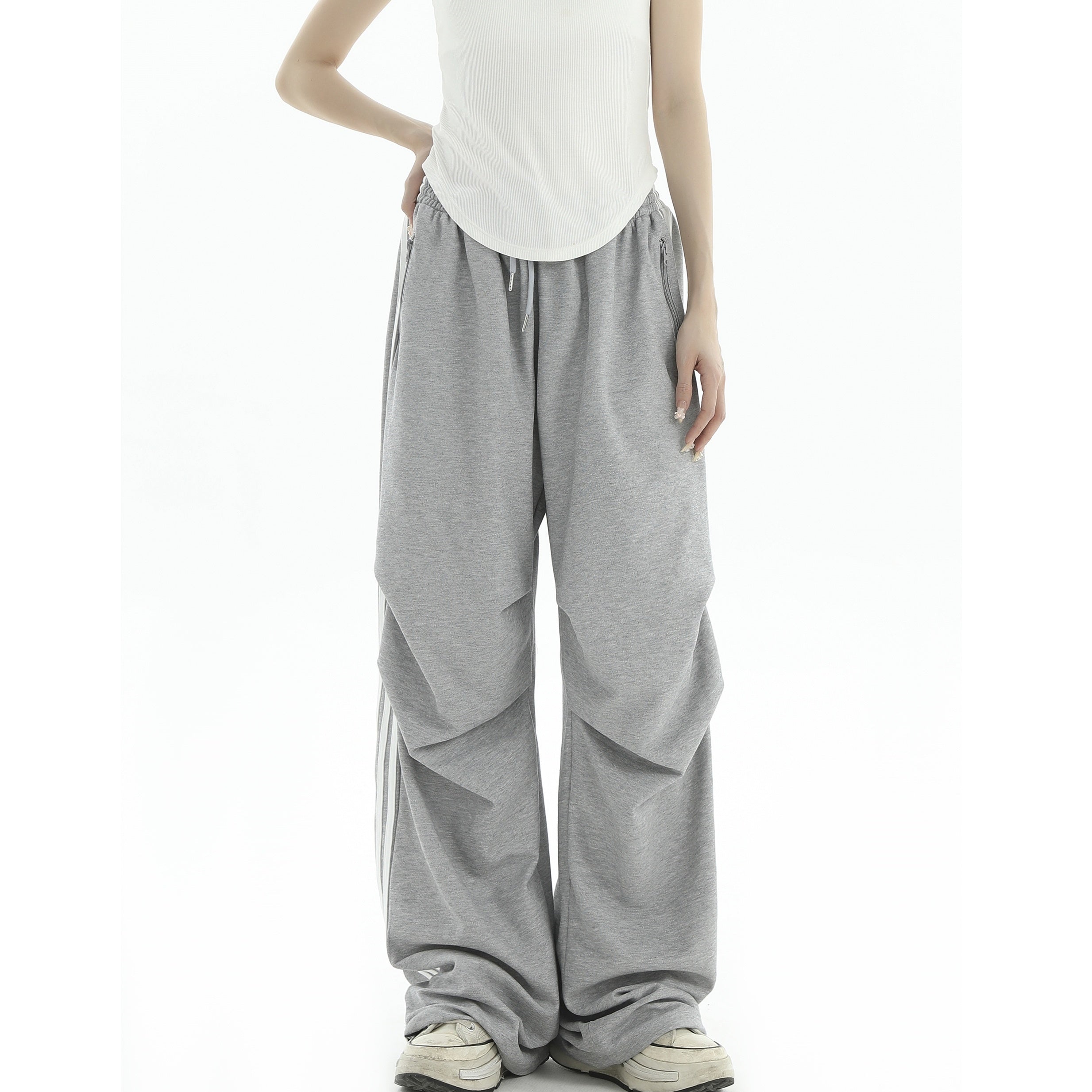 Pleated Three-Bar Loose Track Pants IN7002