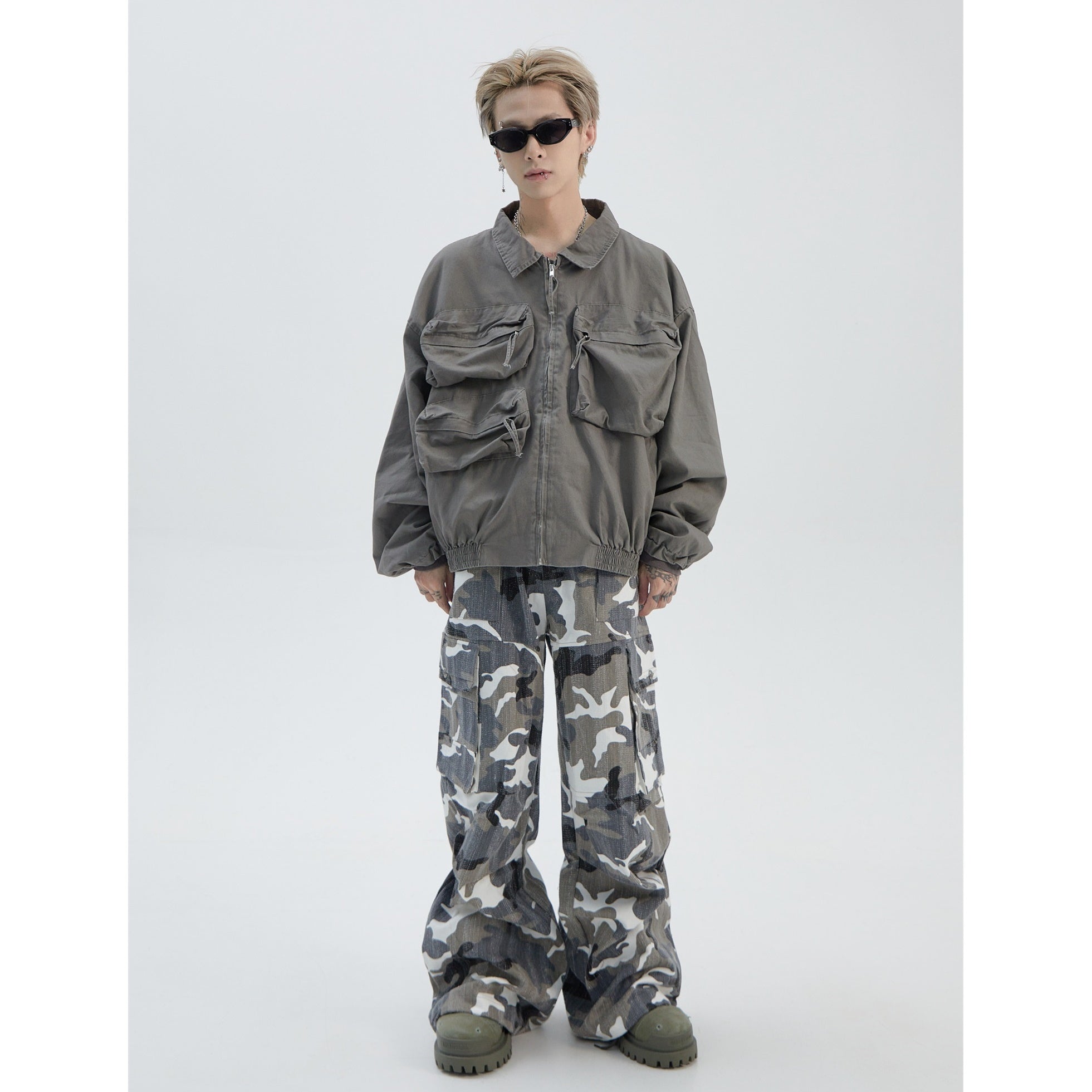 Distressed Wide-leg Camouflage Cargo Pants MB7019