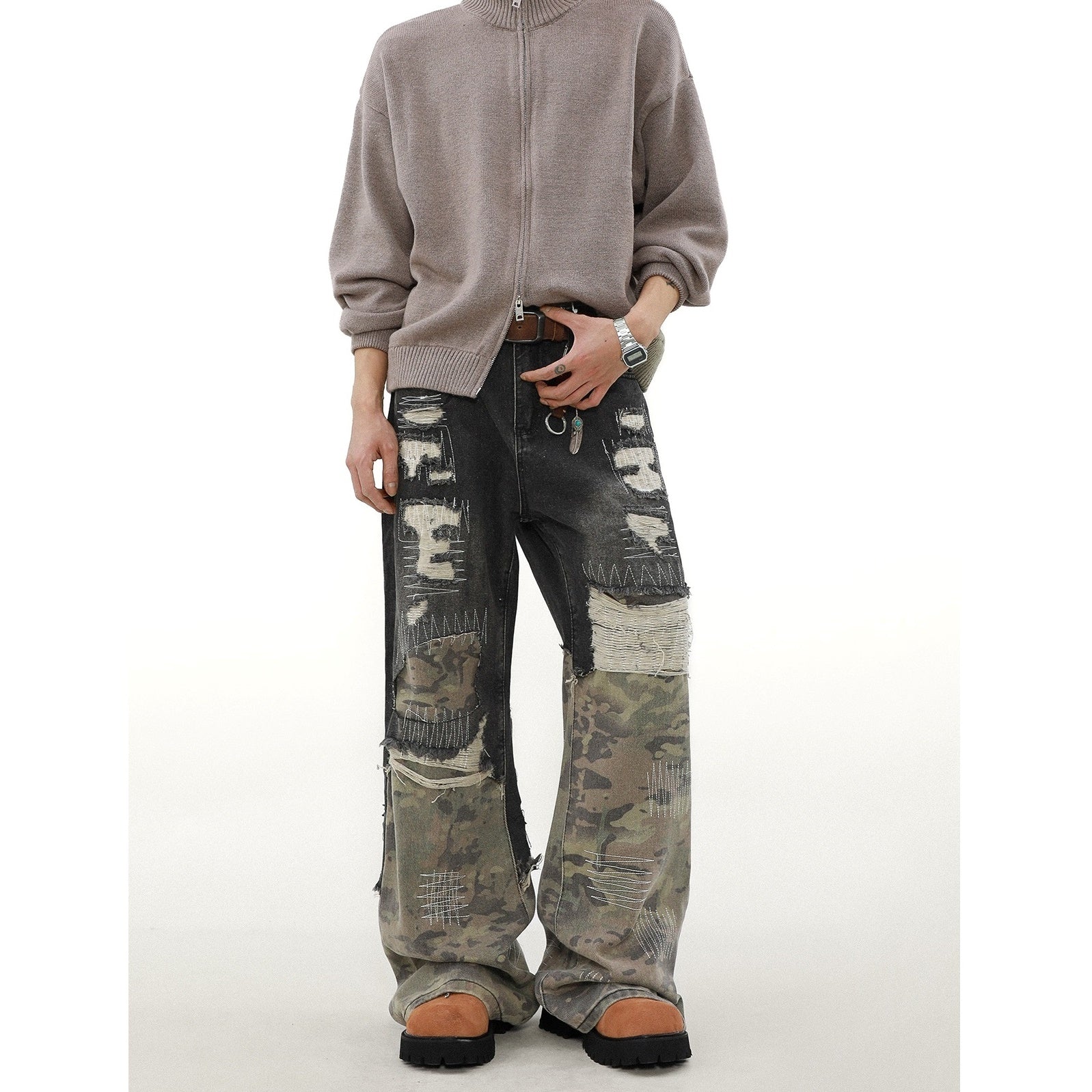 Camouflage Stitched Damage Loose Jeans MB7257