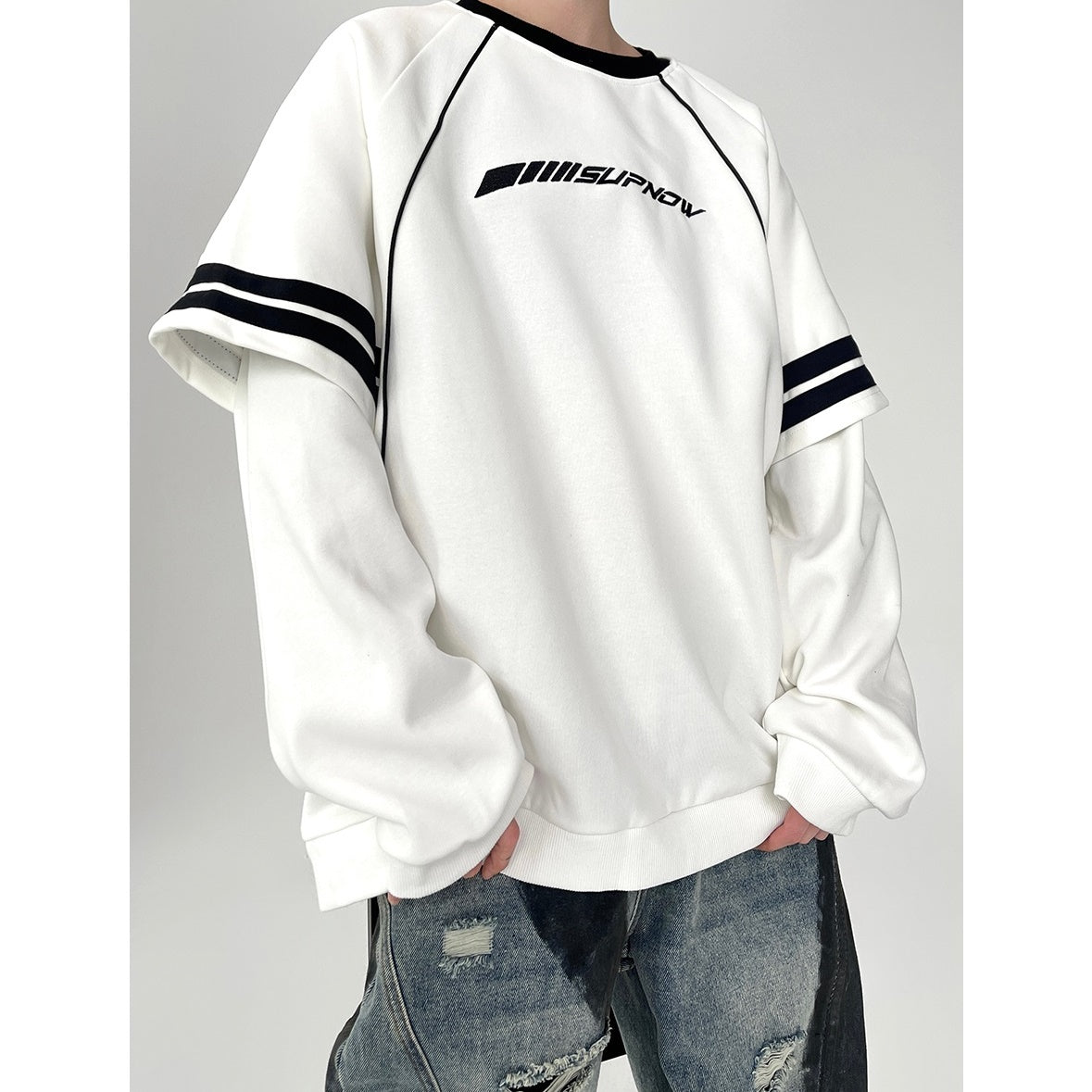 Fake Two Piece Stitching Contrast Long Sleeve T-Shirt MB7088