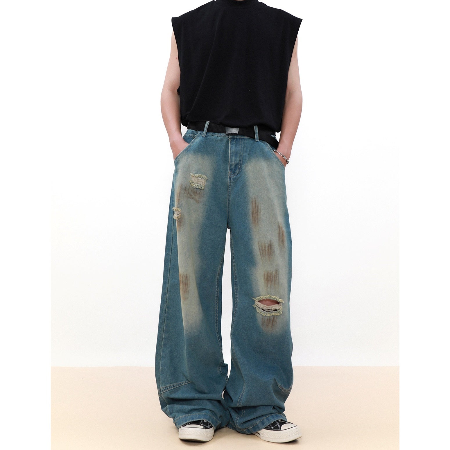 Vintage Wash Ripped Wide Leg Jeans MB7057