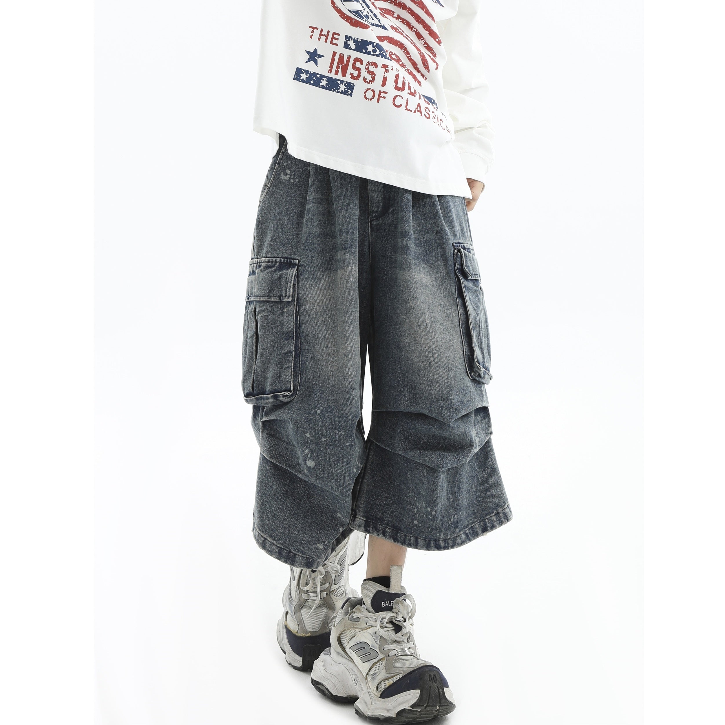 Paint-Splashed Pleated Denim Cropped Cargo Pants IN7022