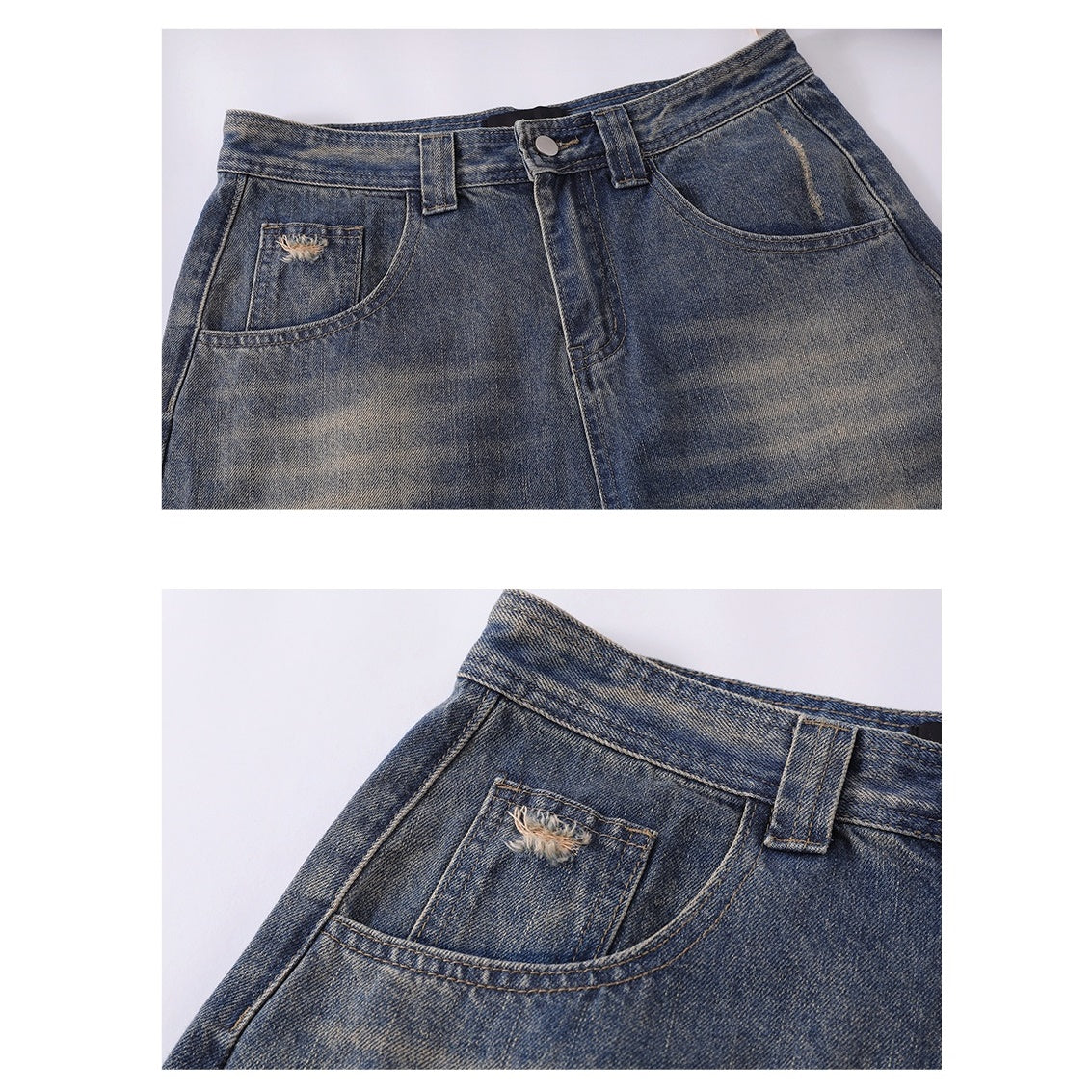 Retro Wash Distressed Wide-leg Jeans MR046