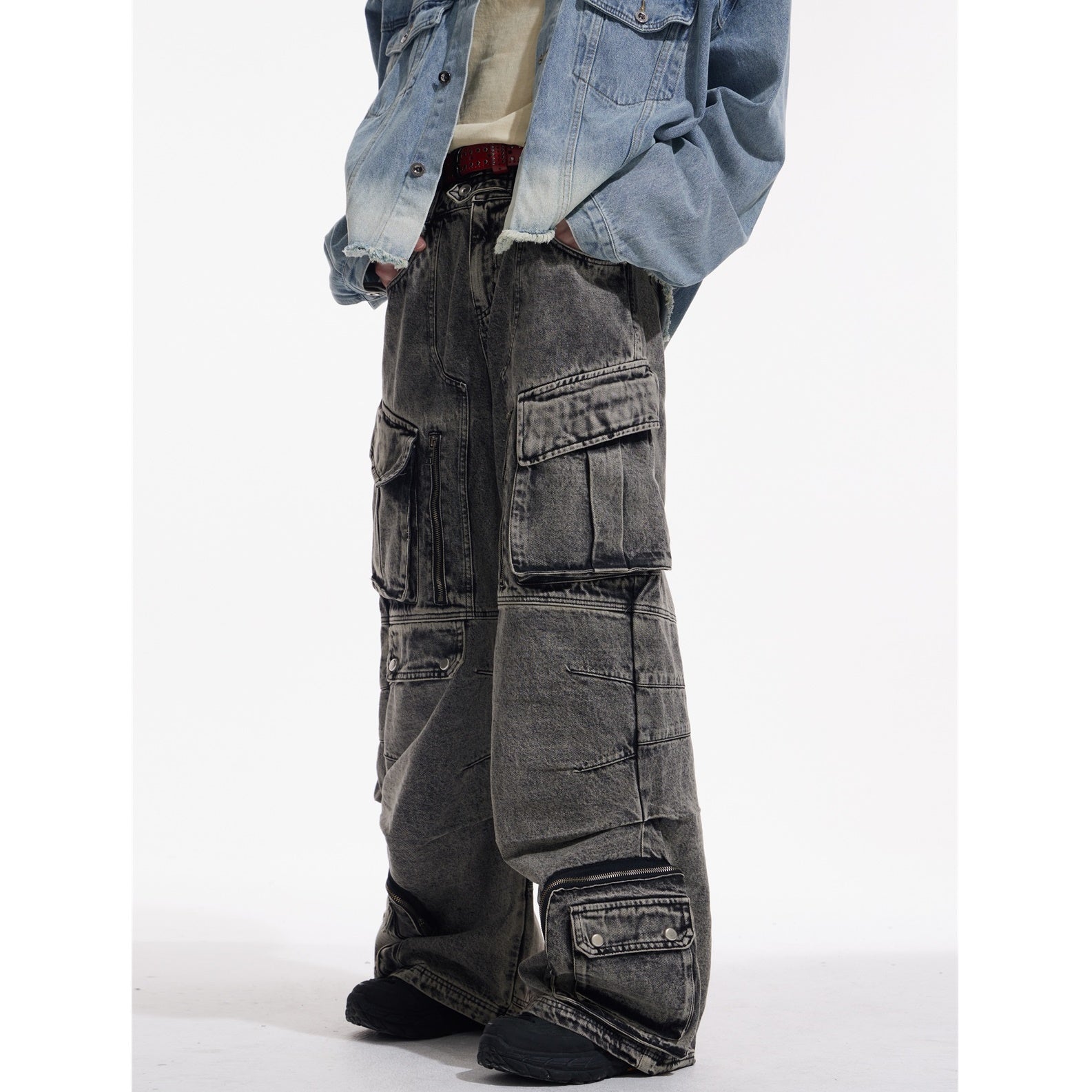 Wide-leg Double Pocket Cargo Jeans MB7028