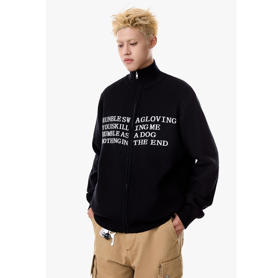 Alphabet Lettering Design High-Neck Zip Knit Jacket MB7203