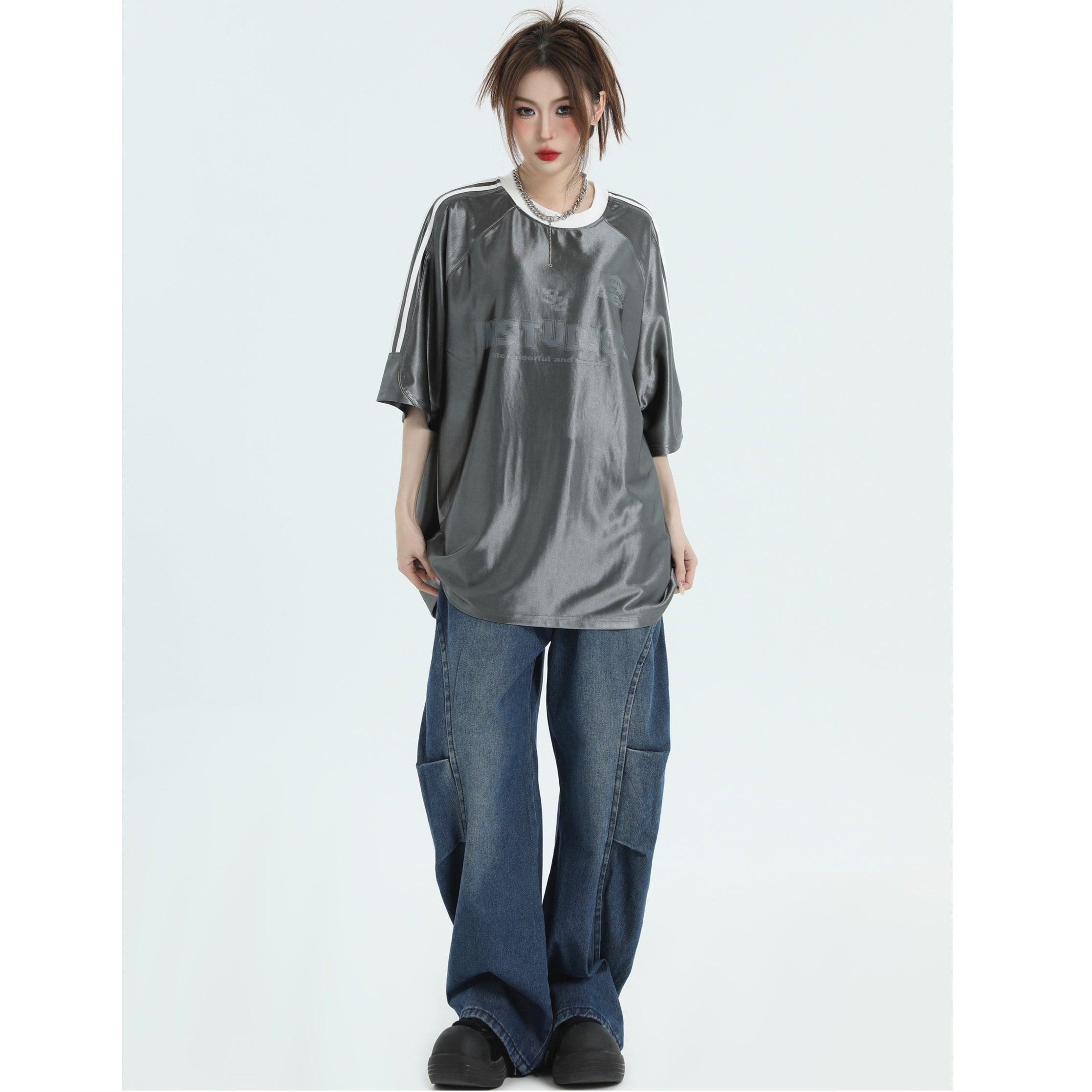 Glossy Three-Bar Raglan Striped T-Shirt IN7015