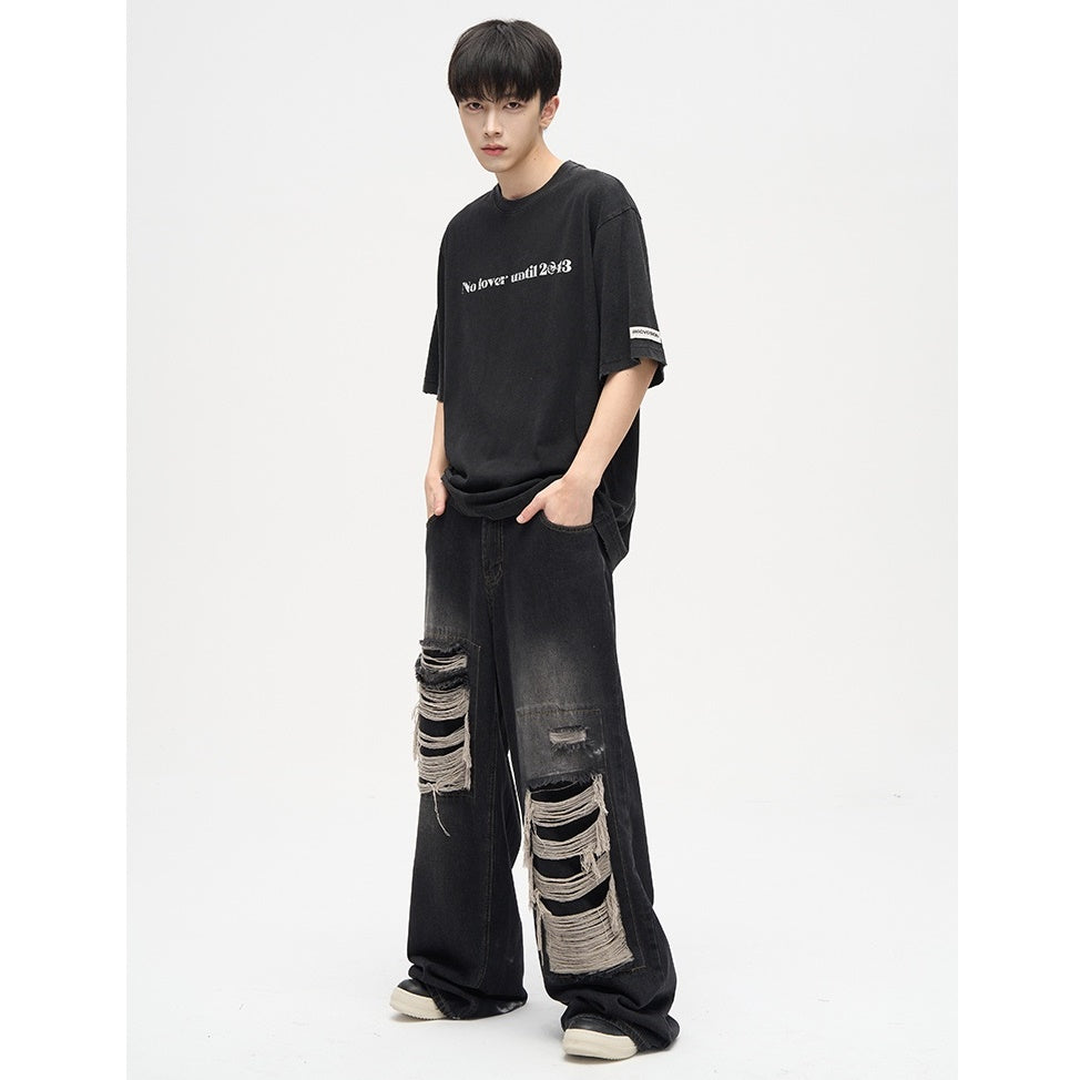 Street Patch Hole Design Loose Straight Jeans MB7003