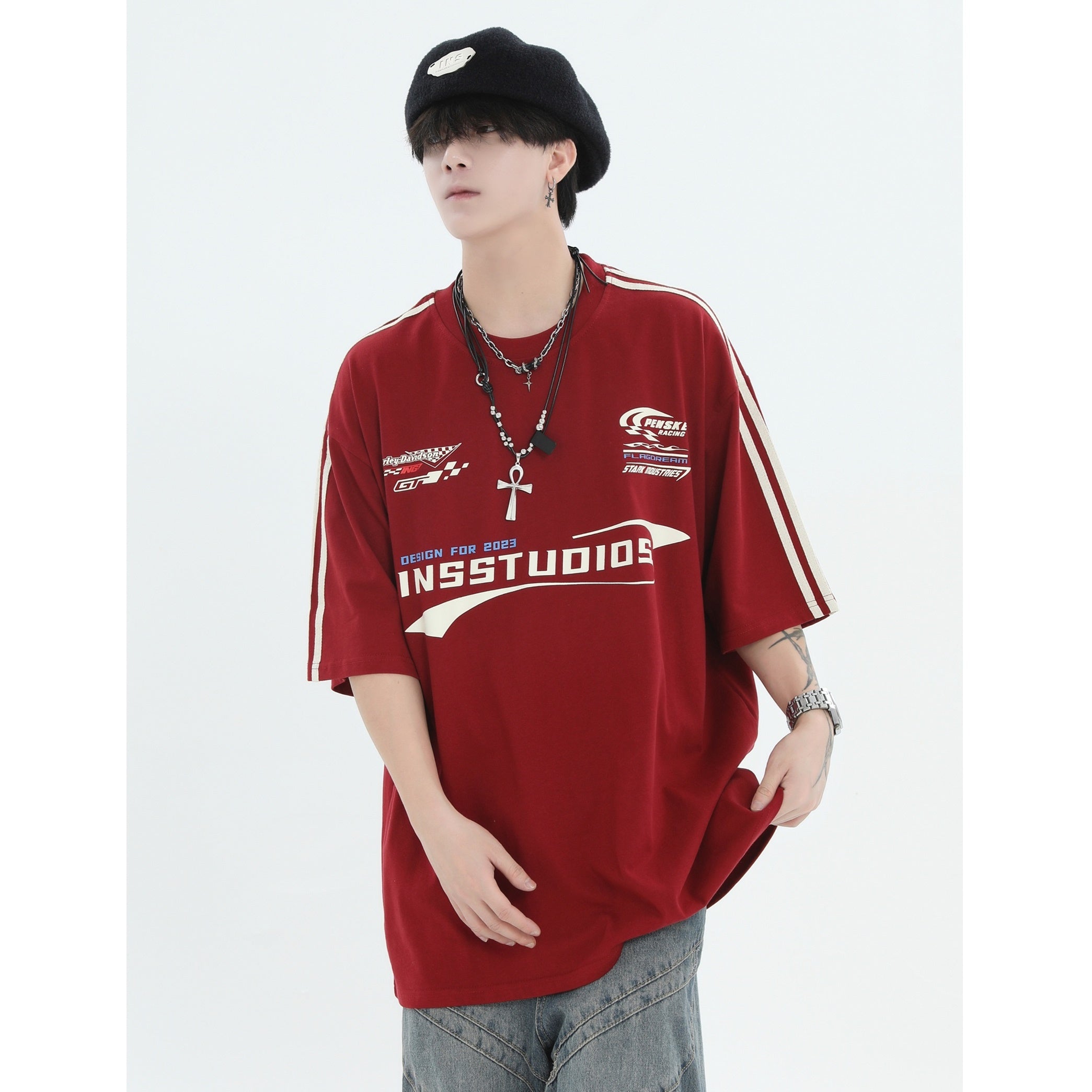 Racing LOGO Loose Three Bar Striped T-Shirt IN7012