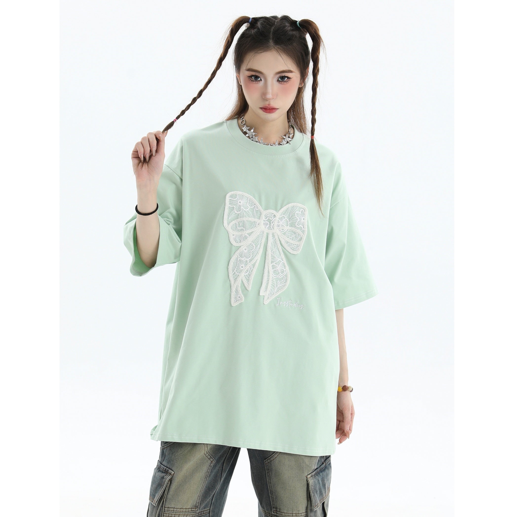 Lace Bow Short Sleeve Loose T-Shirt IN7034