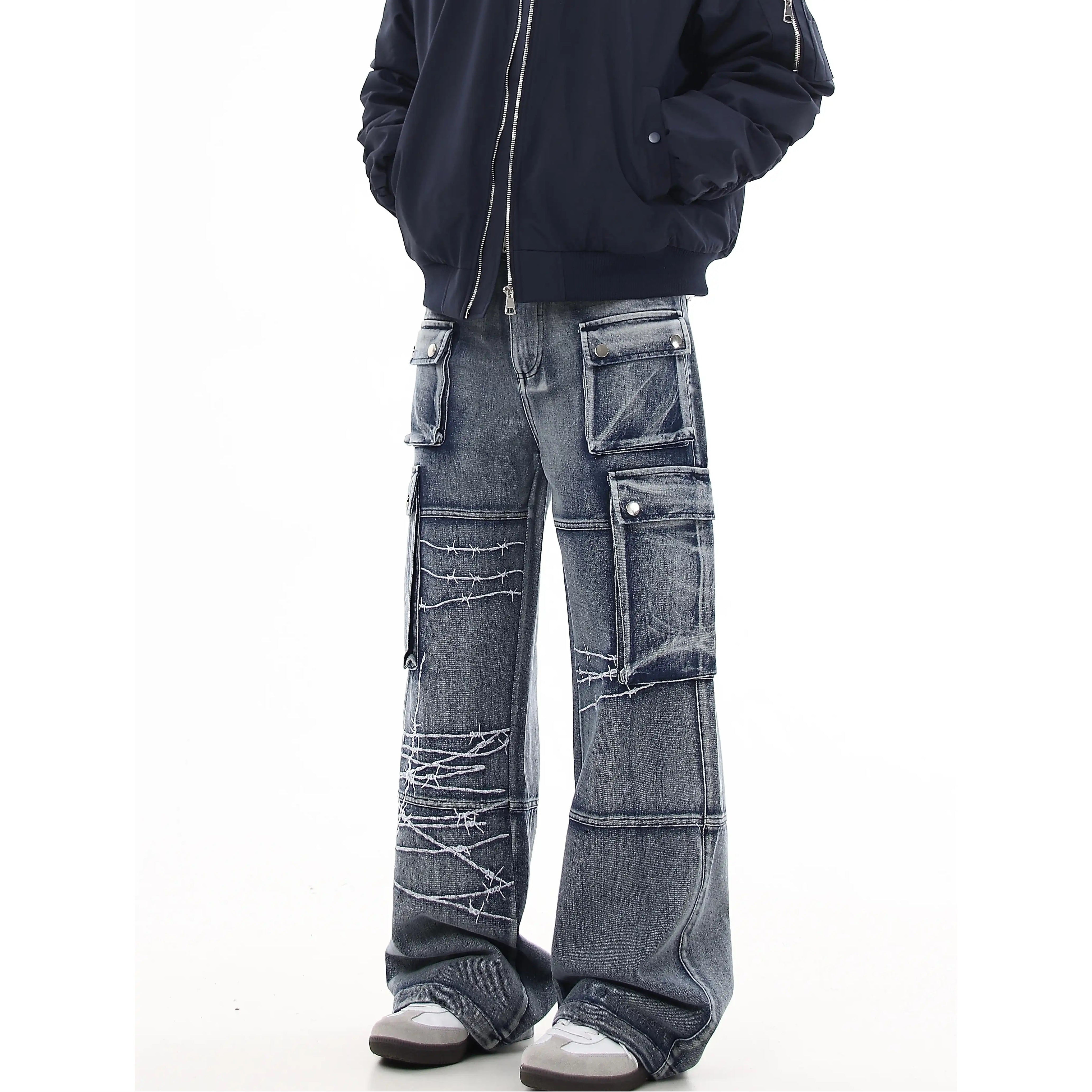 Thorn Embroidery Wide Straight Cargo Jeans MB7273