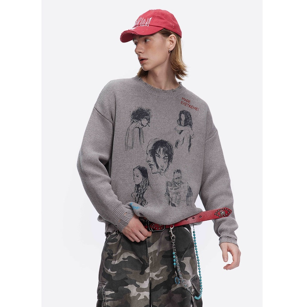 Sketch Print Design Loose Damage Sweater MB7205