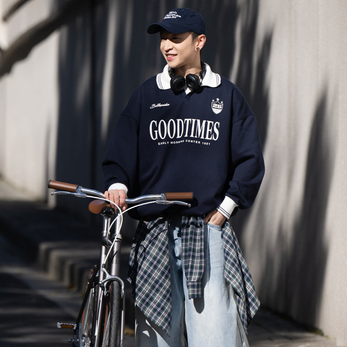 Contrast Polo Lapel Vintage Print Sweatshirt BI2010