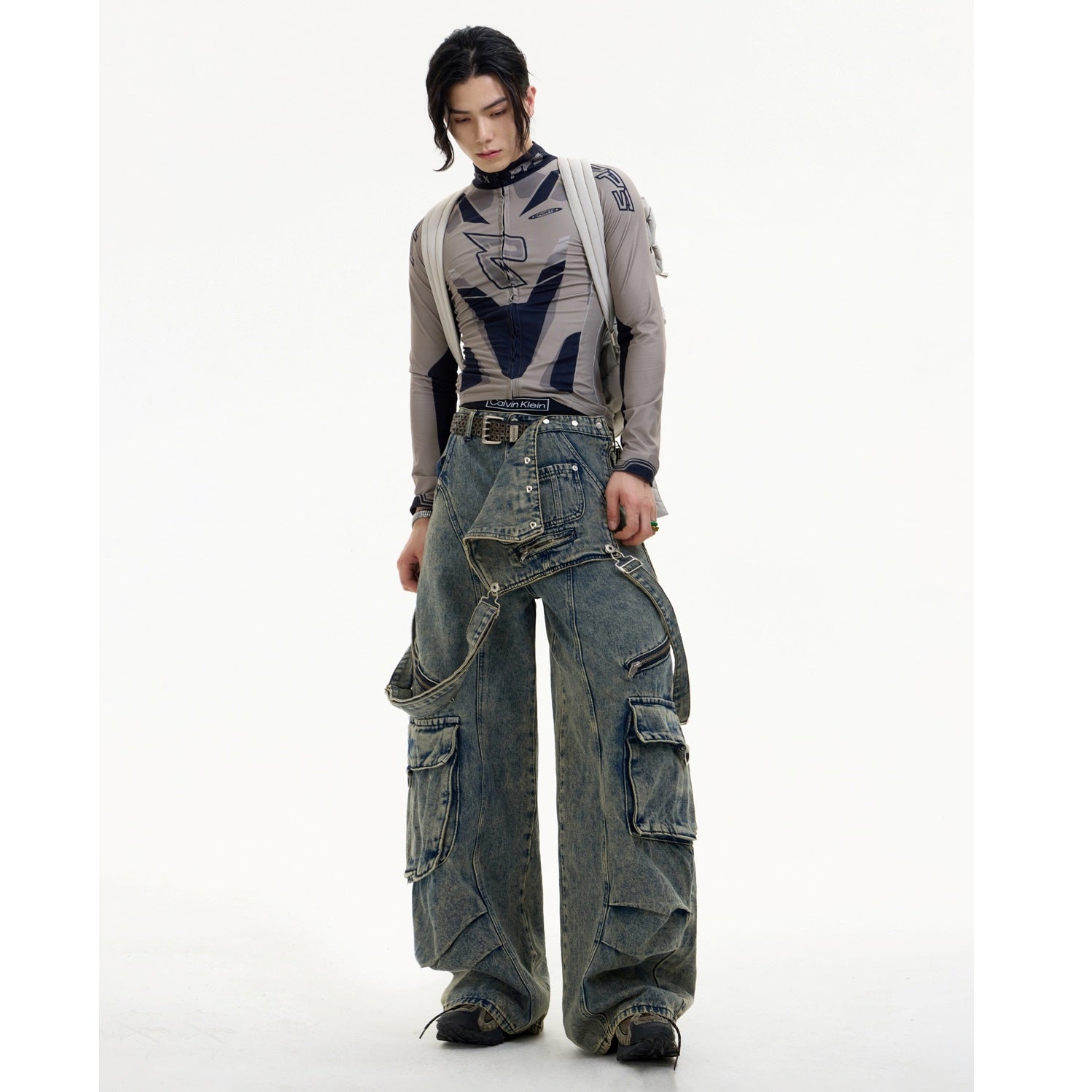 Detachable Strap Washed Cargo Jeans MB7030