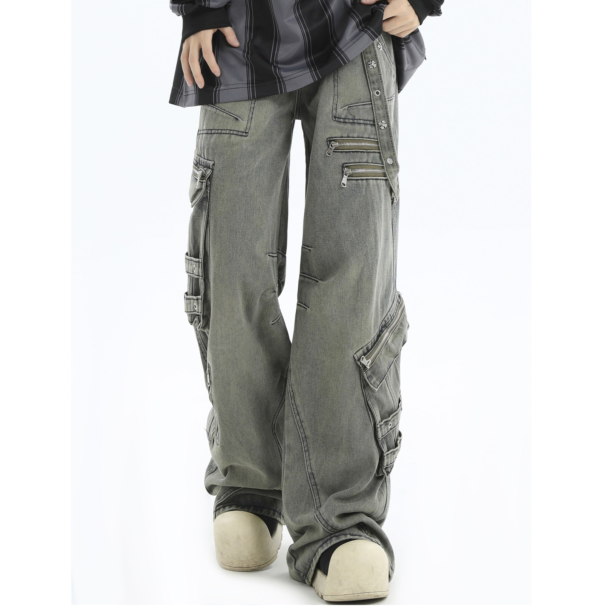 Double Waist Zipper Multi-Pocket Jeans IN7040