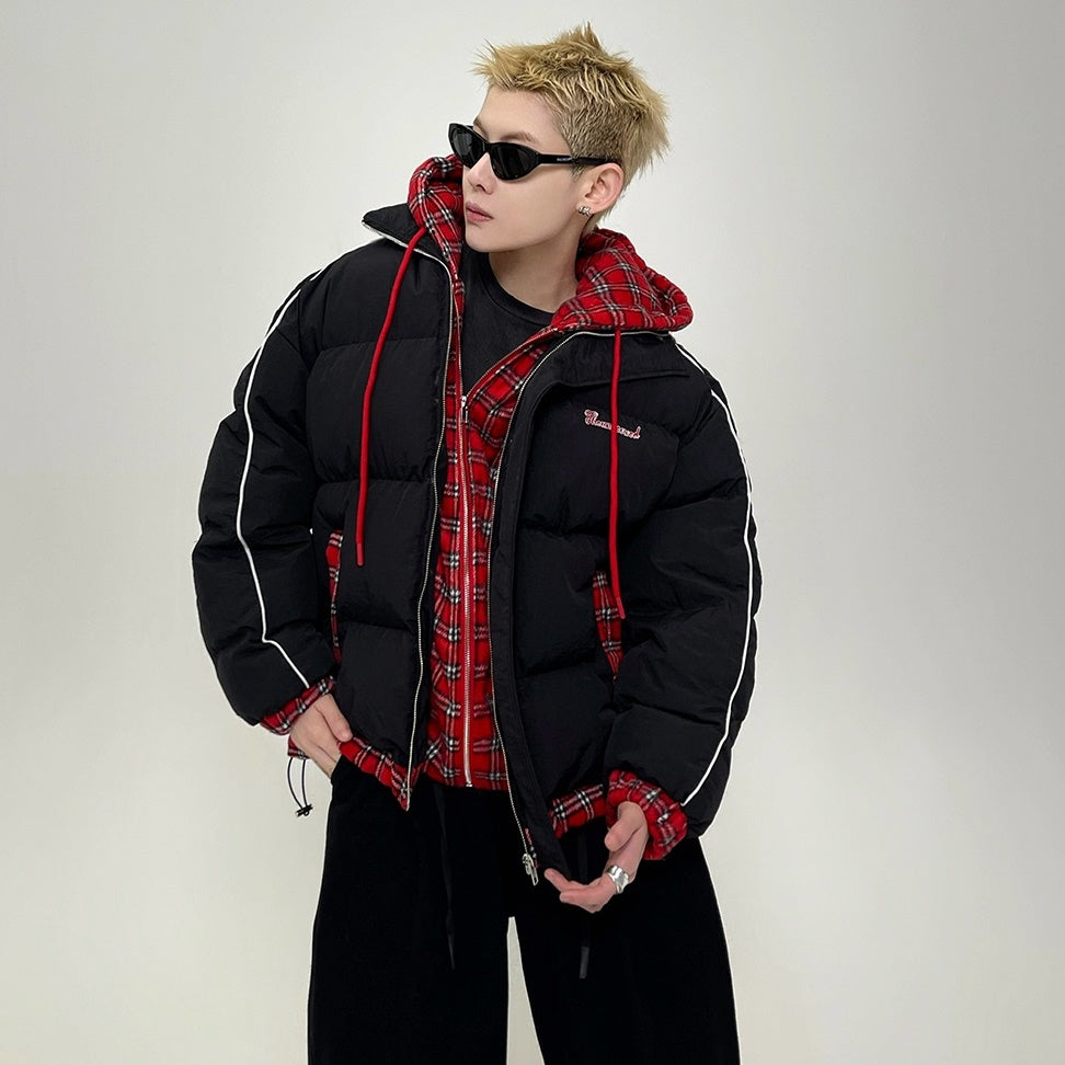 Fake Two-piece Plaid Hooded Padded Jacket EAT038