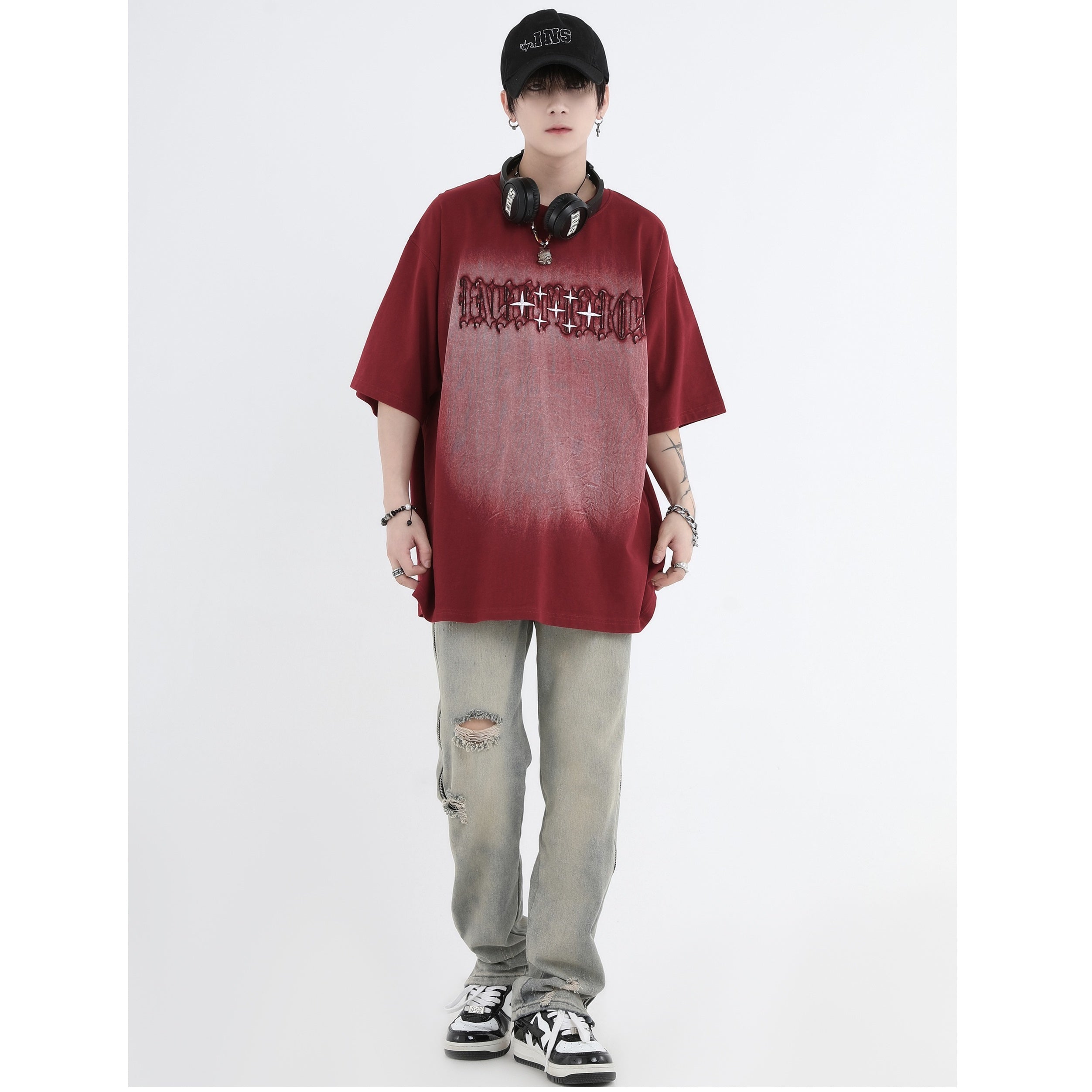 Gothic Font Embroidery LOGO Wash T-Shirt IN7011