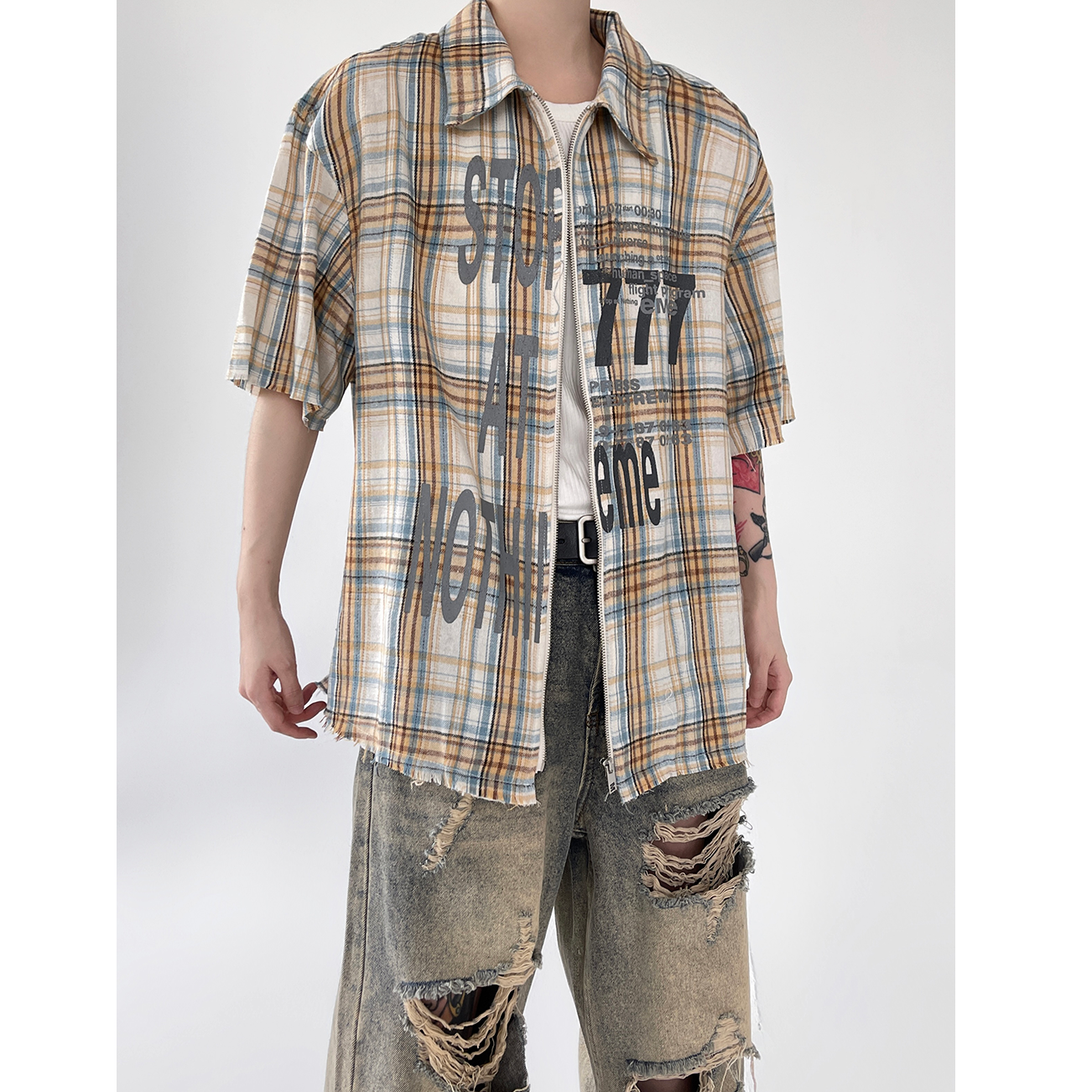 Raw Edged Monogram Print Zippered Plaid Shirt EAT022