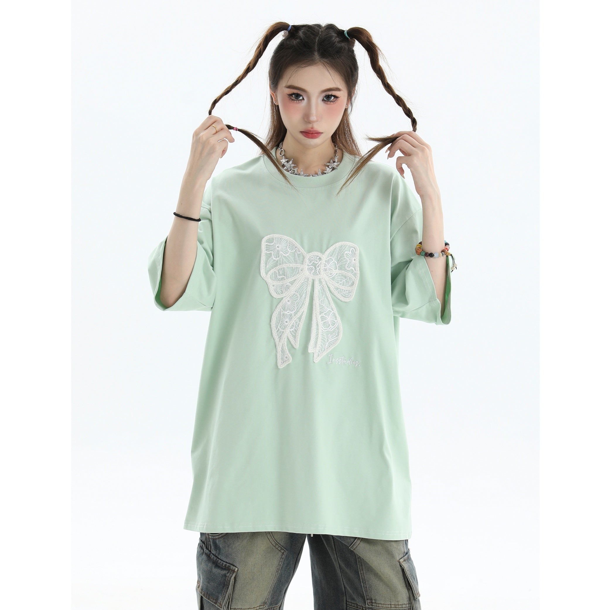 Lace Bow Short Sleeve Loose T-Shirt IN7034