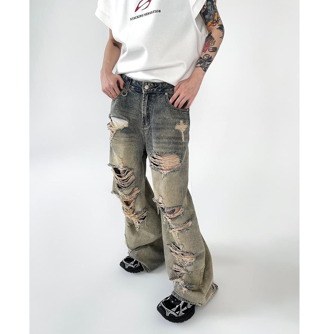 Wash Distressed Yellow Clay Ripped Loose Jeans EAT023