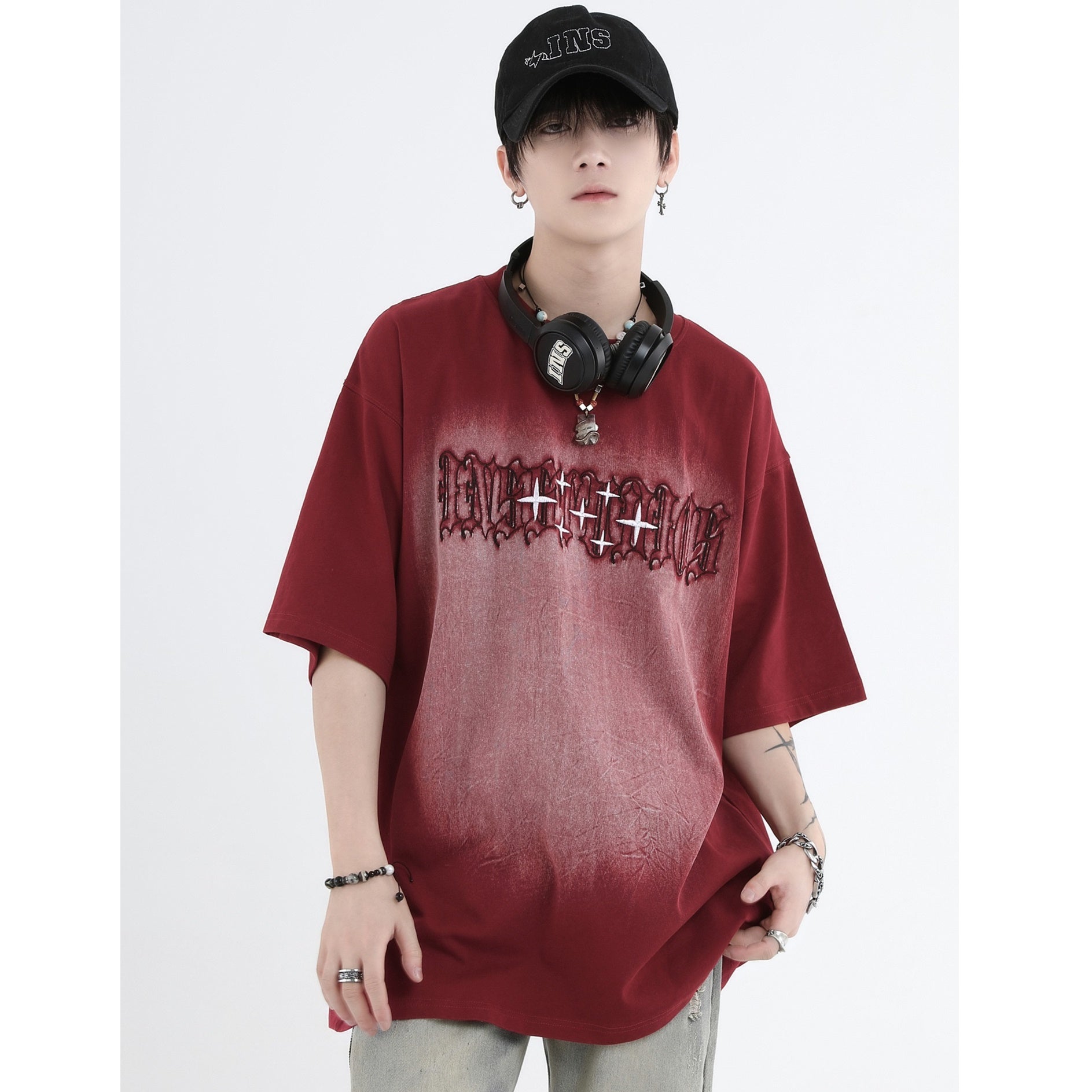 Gothic Font Embroidery LOGO Wash T-Shirt IN7011