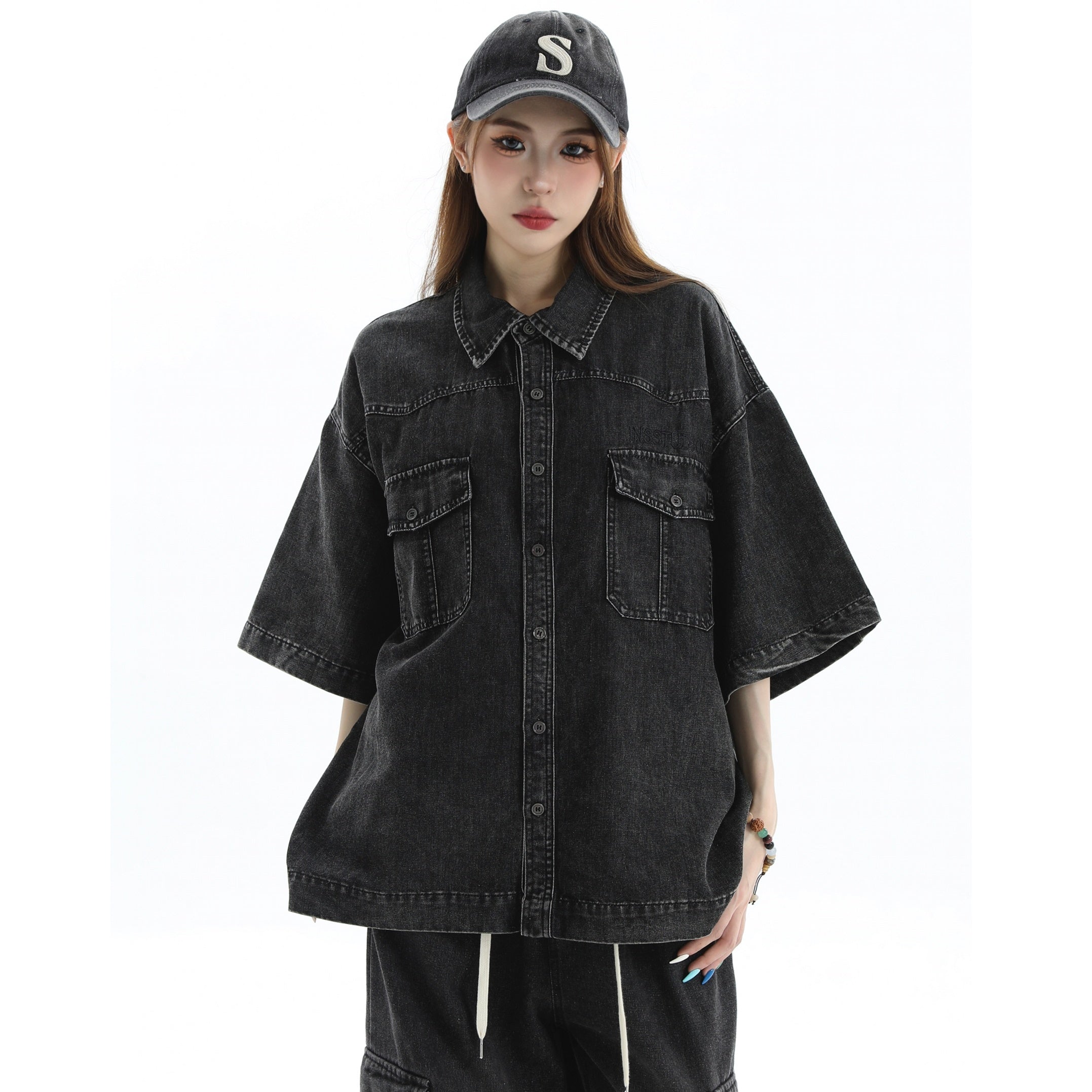 Embroidered Logo Loose Wash Denim Shirt IN7027