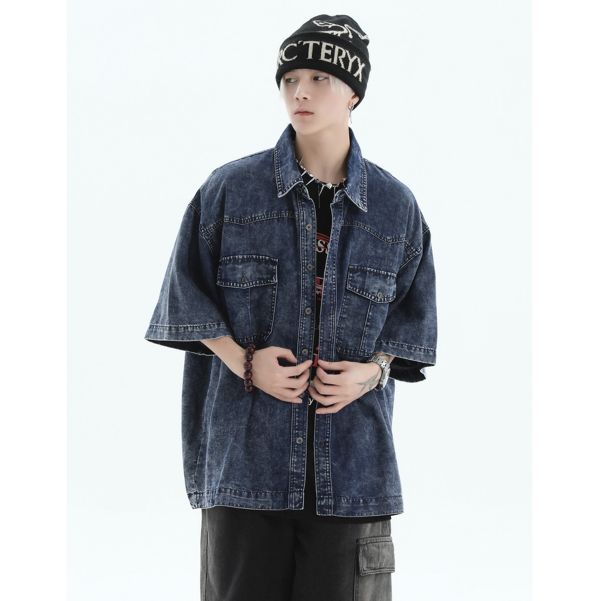 Embroidered Logo Loose Wash Denim Shirt IN7027