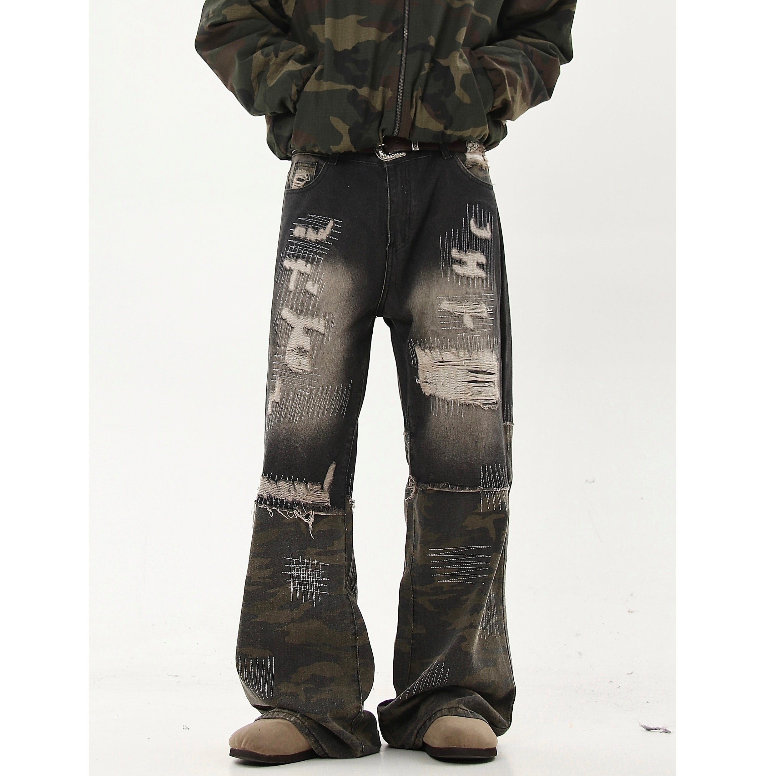 Camouflage Panelled Ripped Jeans MB7216