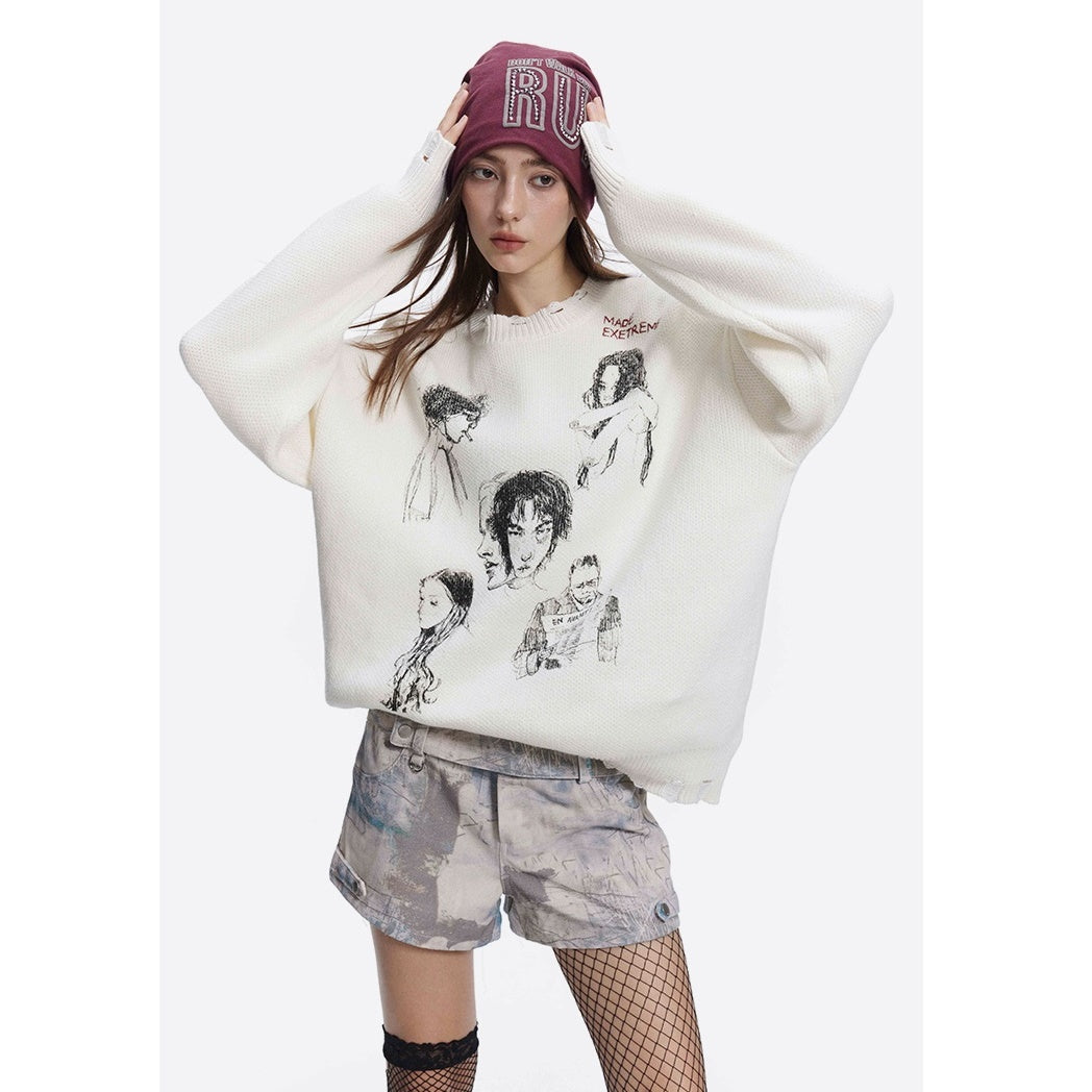 Sketch Print Design Loose Damage Sweater MB7205