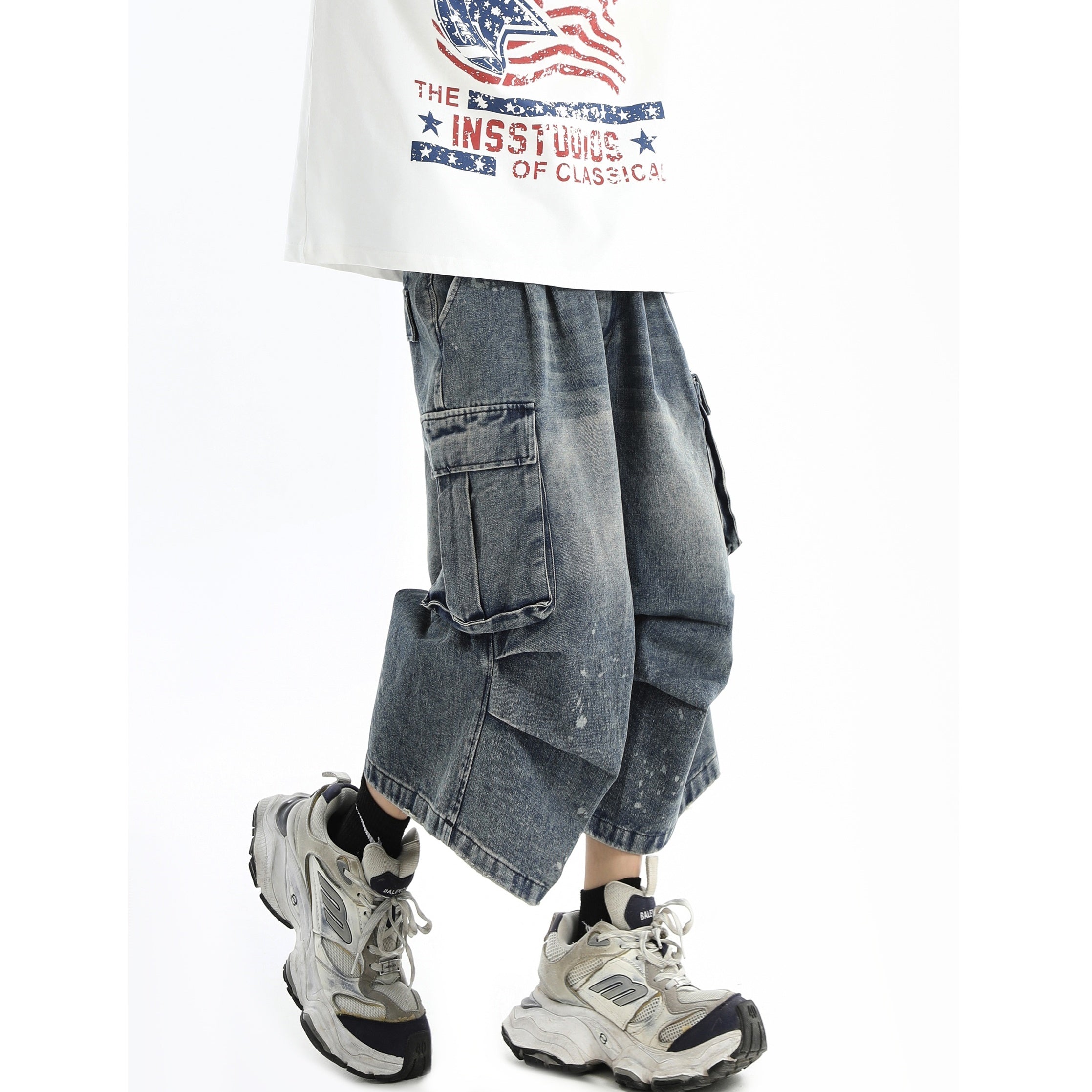 Paint-Splashed Pleated Denim Cropped Cargo Pants IN7022